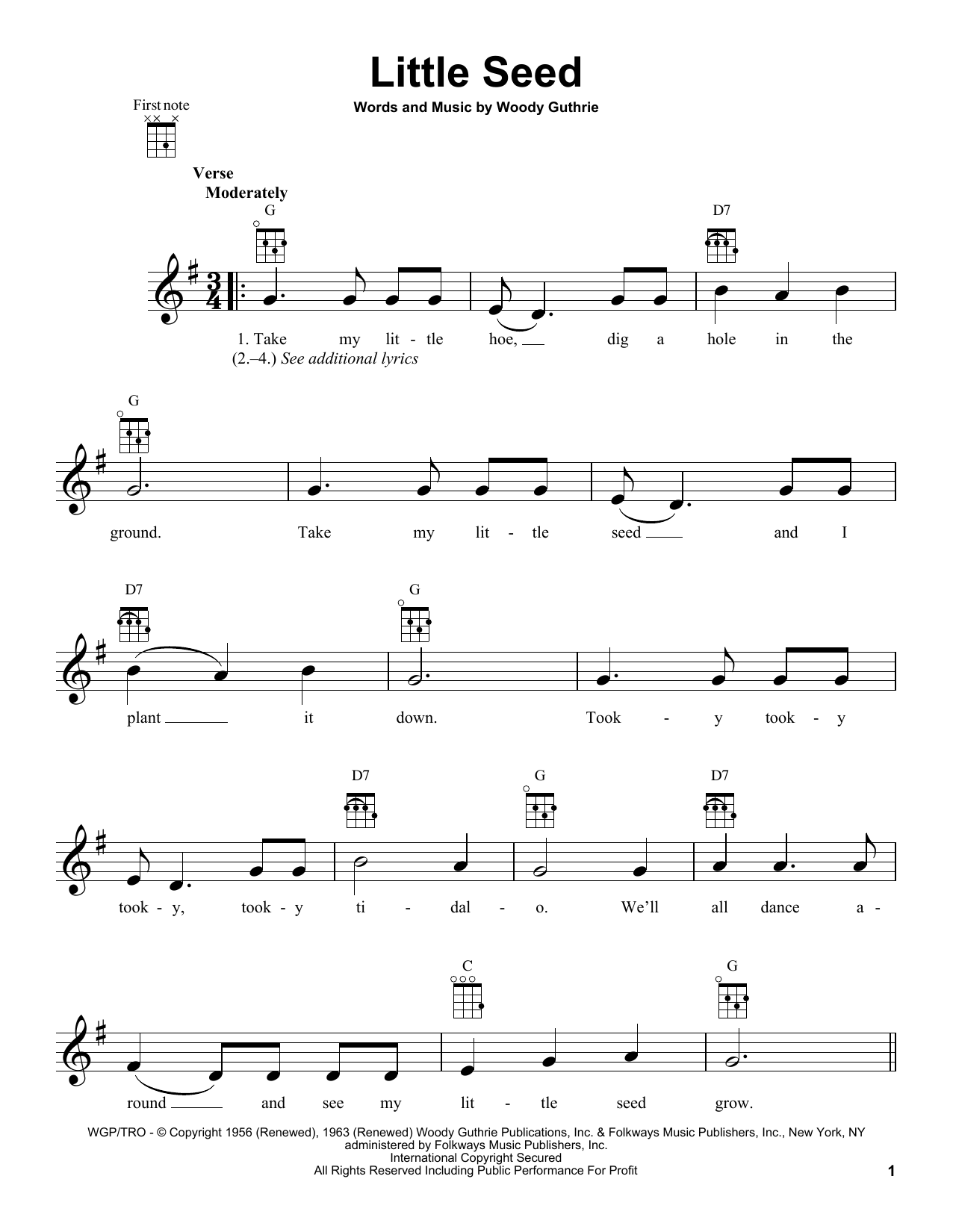 Woody Guthrie Little Seed sheet music notes and chords arranged for Ukulele