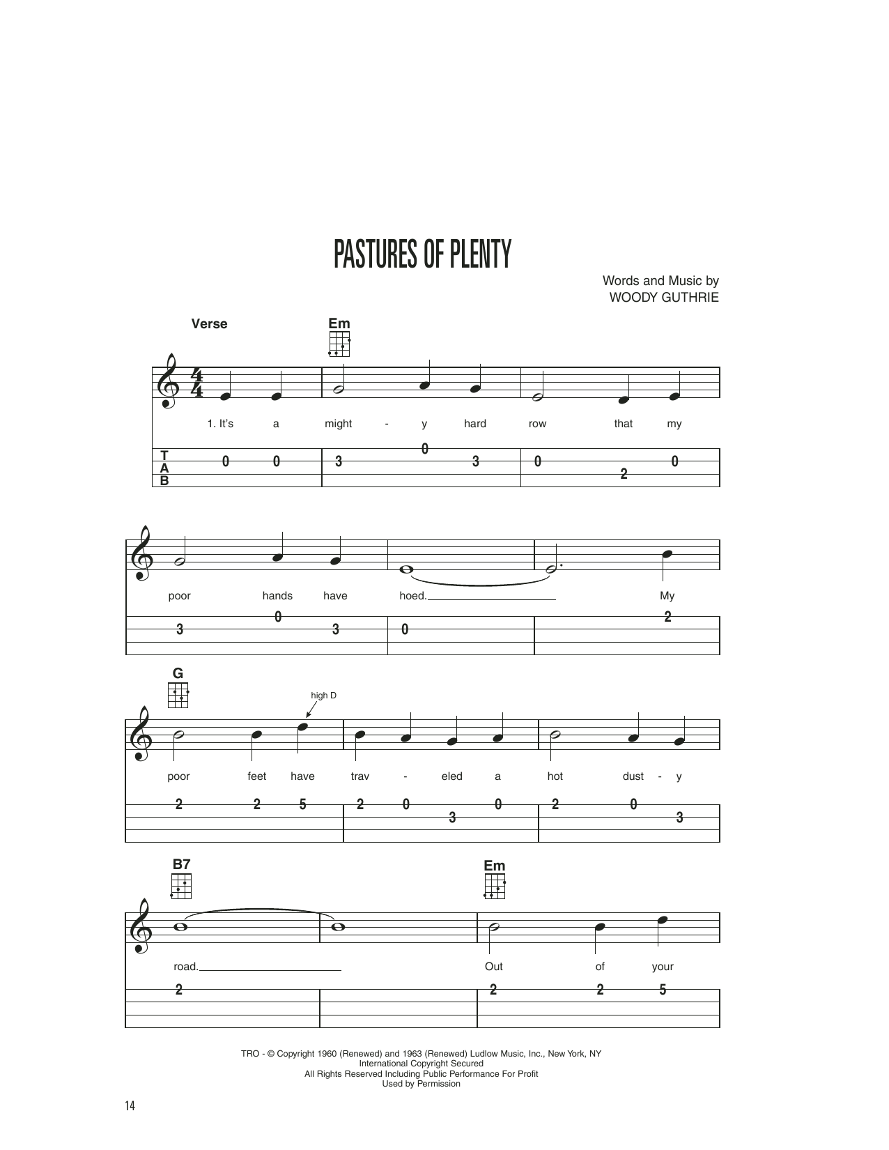 Woody Guthrie Pastures Of Plenty sheet music notes and chords arranged for Easy Ukulele Tab