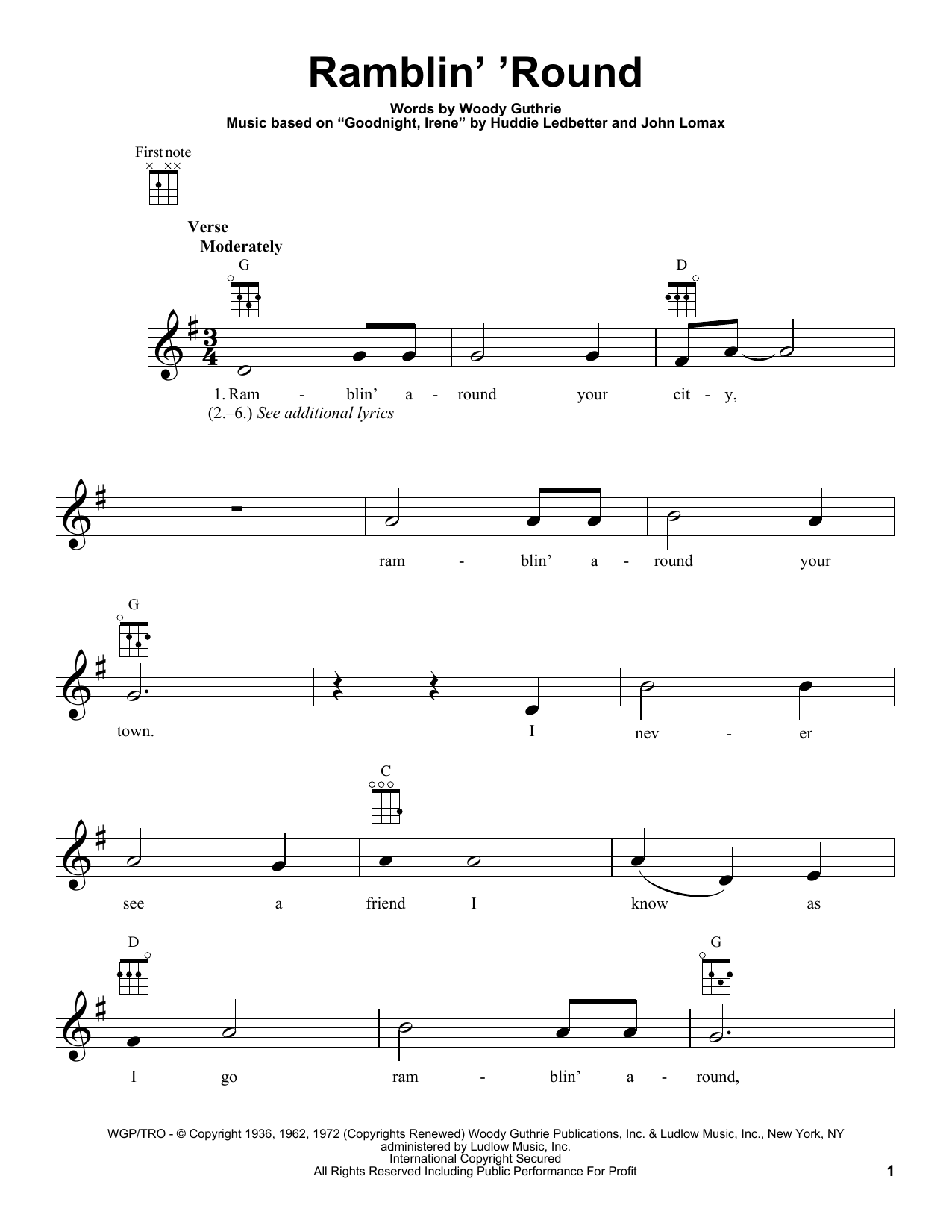Woody Guthrie Ramblin' 'Round sheet music notes and chords arranged for Ukulele