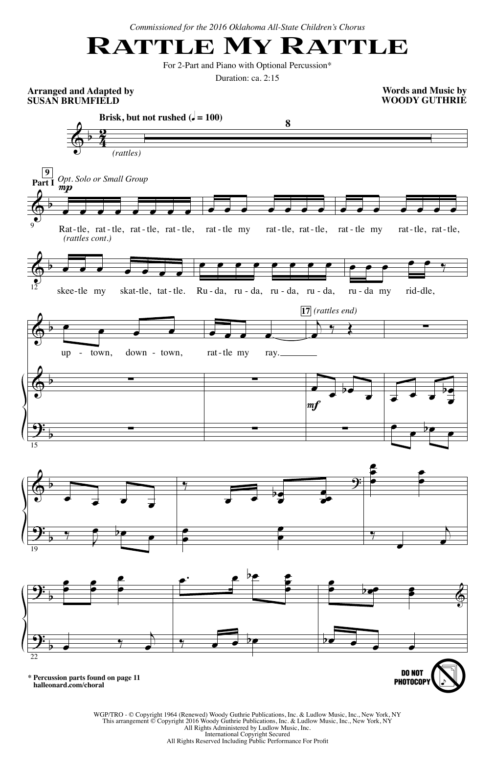 Woody Guthrie Rattle My Rattle (arr. Susan Brumfield) sheet music notes and chords arranged for 2-Part Choir