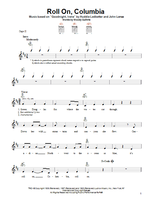 Woody Guthrie Roll On, Columbia sheet music notes and chords arranged for Easy Guitar