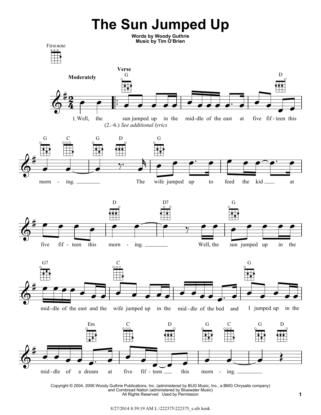 Woody Guthrie The Sun Jumped Up sheet music notes and chords arranged for Ukulele