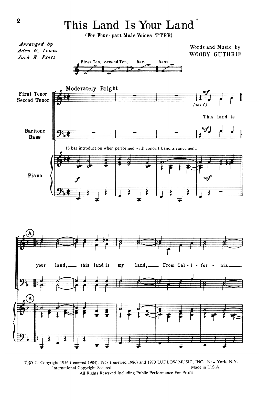 Woody Guthrie This Land Is Your Land (arr. Aden G. Lewis and Jack E. Platt) sheet music notes and chords arranged for TTBB Choir