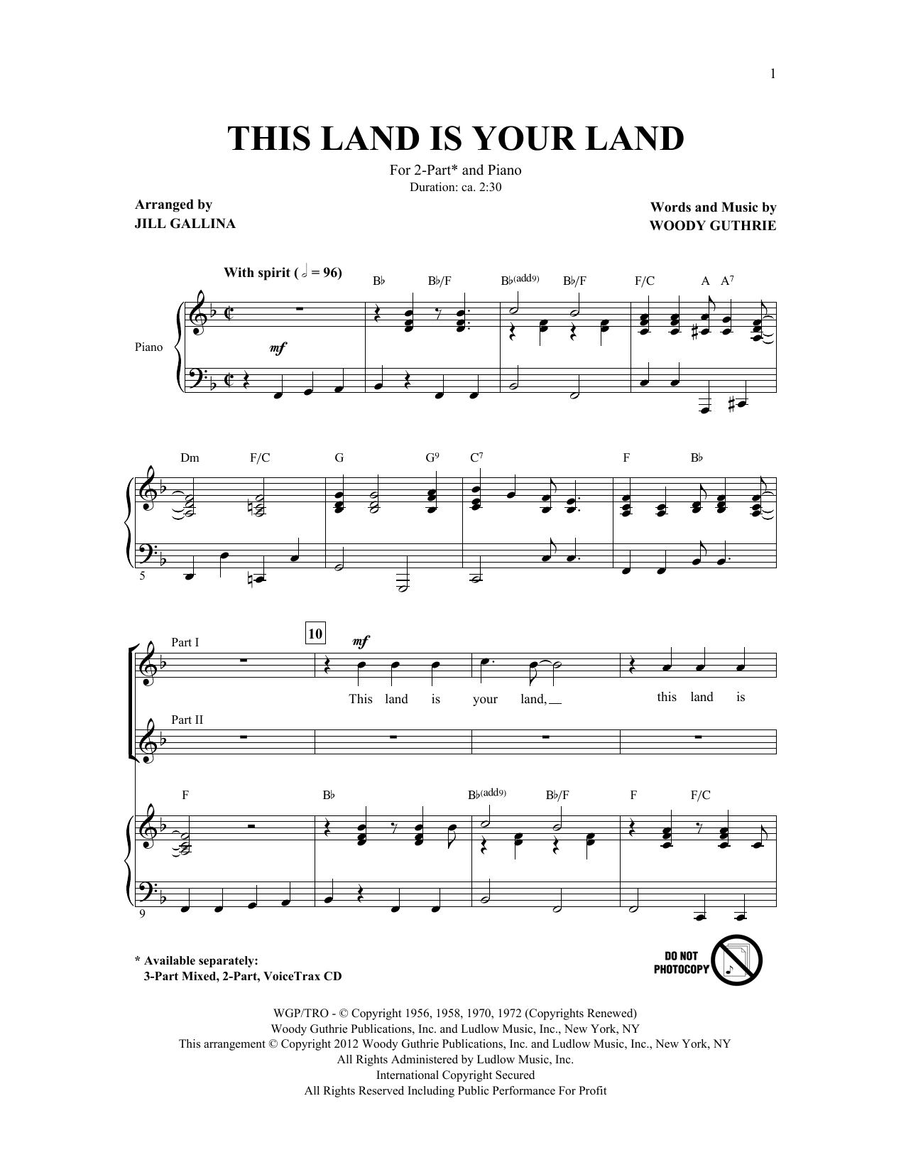 Woody Guthrie This Land Is Your Land (arr. Jill Gallina) sheet music notes and chords arranged for 2-Part Choir
