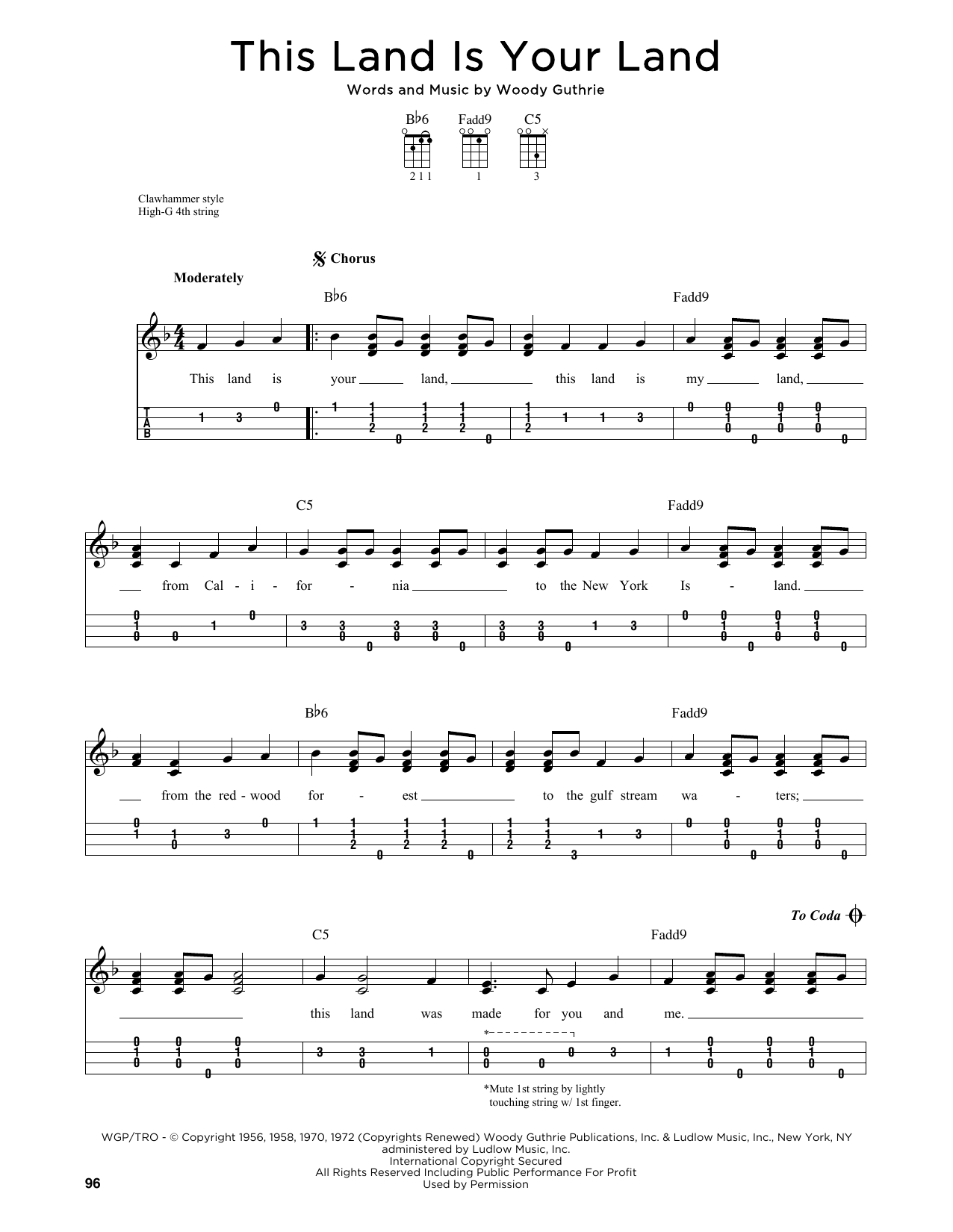 Woody Guthrie This Land Is Your Land (arr. Jim Schustedt) sheet music notes and chords arranged for Ukulele