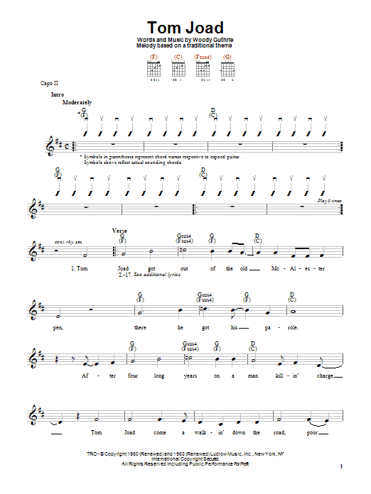 Woody Guthrie Tom Joad sheet music notes and chords arranged for Easy Guitar