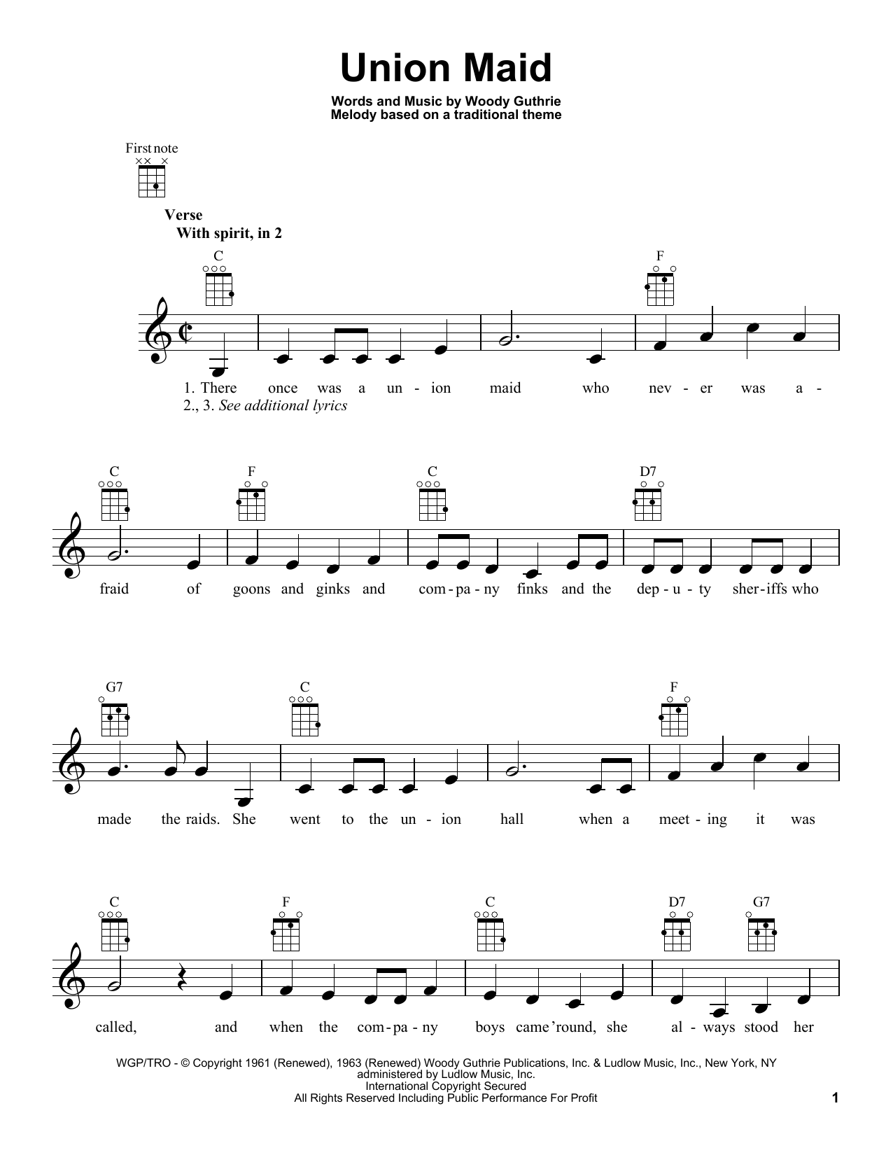 Woody Guthrie Union Maid sheet music notes and chords arranged for Ukulele