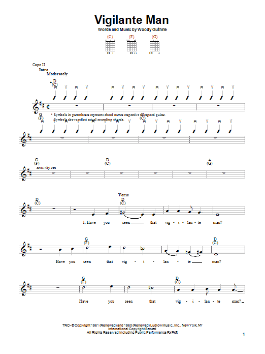 Woody Guthrie Vigilante Man sheet music notes and chords arranged for Easy Guitar