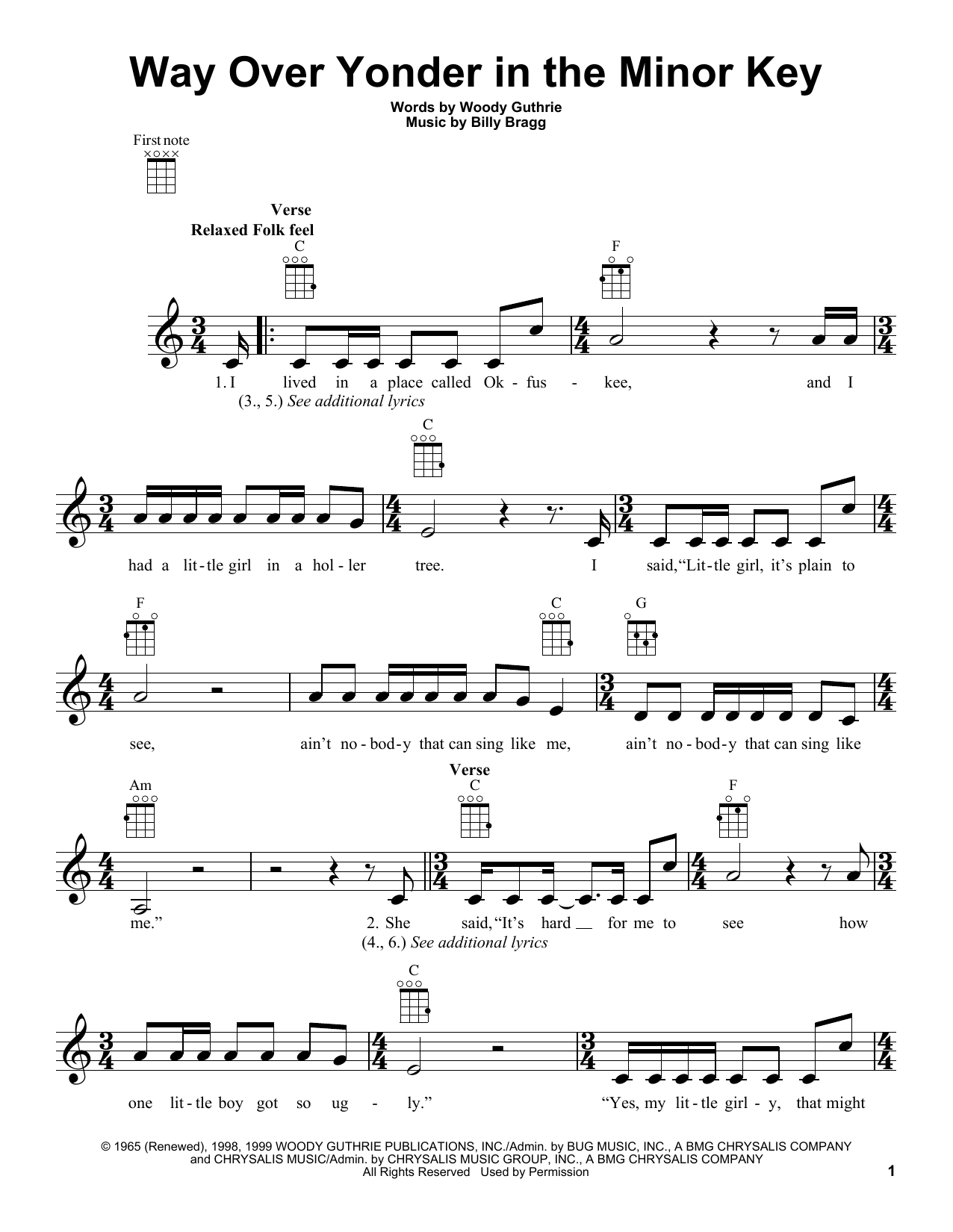 Woody Guthrie Way Over Yonder In The Minor Key sheet music notes and chords arranged for Ukulele