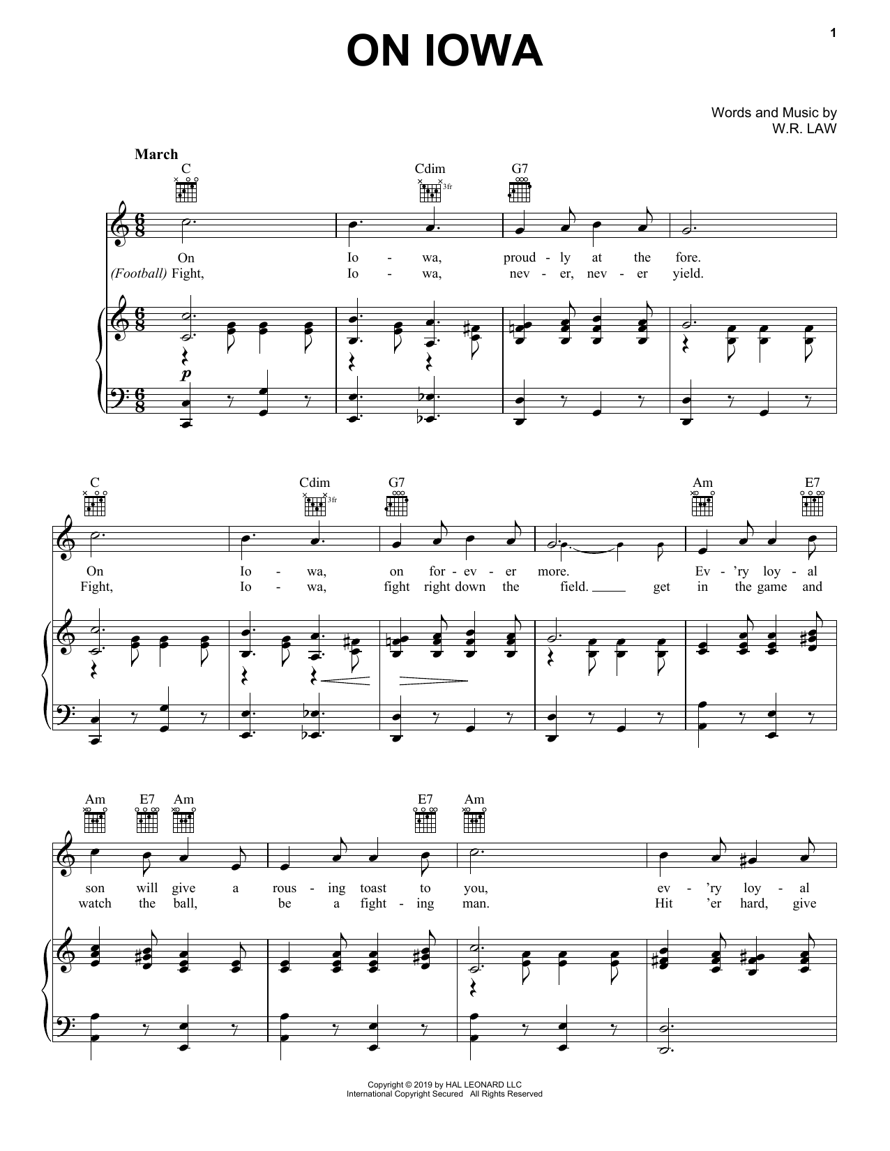 W.R. Law On Iowa sheet music notes and chords arranged for Piano, Vocal & Guitar Chords (Right-Hand Melody)