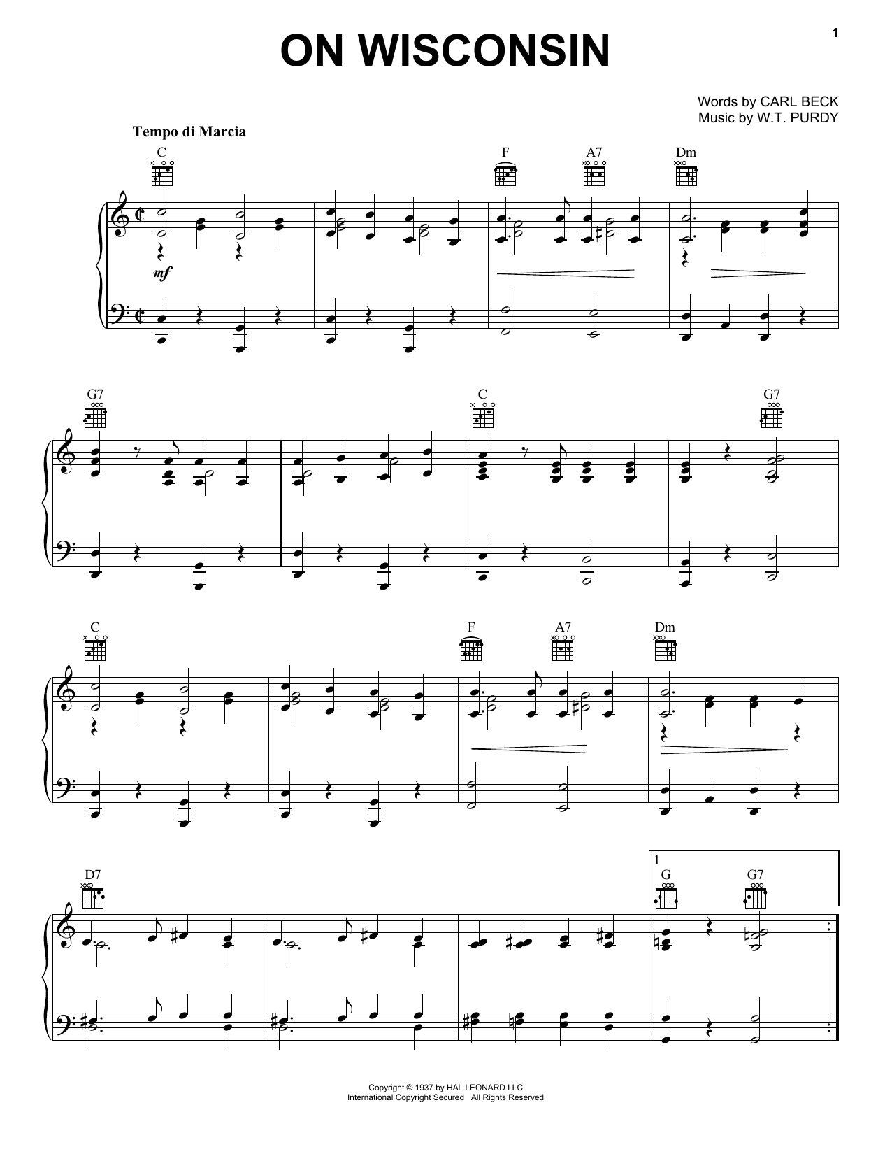 W.T. Purdy On Wisconsin! sheet music notes and chords arranged for Piano, Vocal & Guitar Chords (Right-Hand Melody)