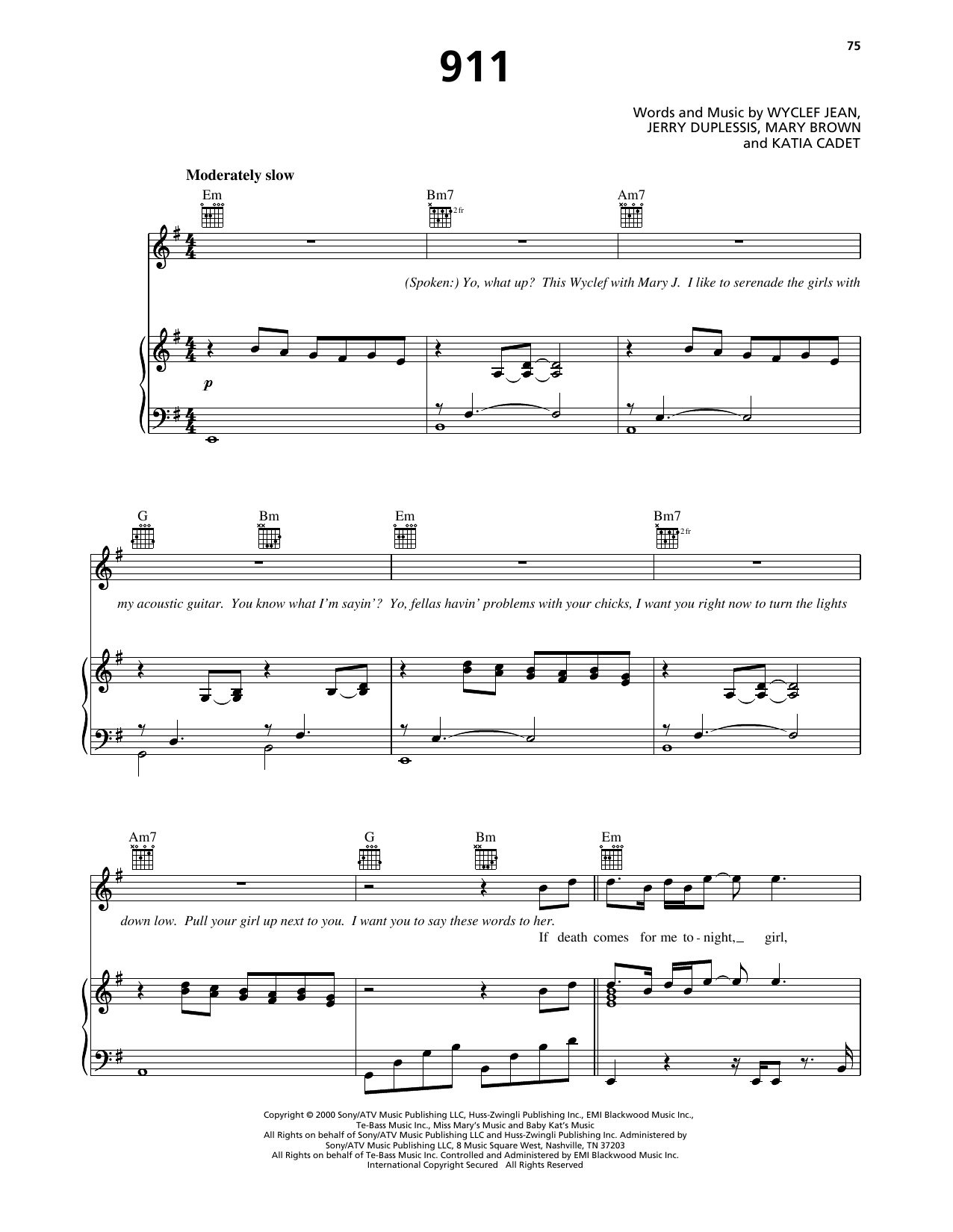 Wyclef Jean 911 (feat. Mary J. Blige) sheet music notes and chords arranged for Piano, Vocal & Guitar Chords (Right-Hand Melody)