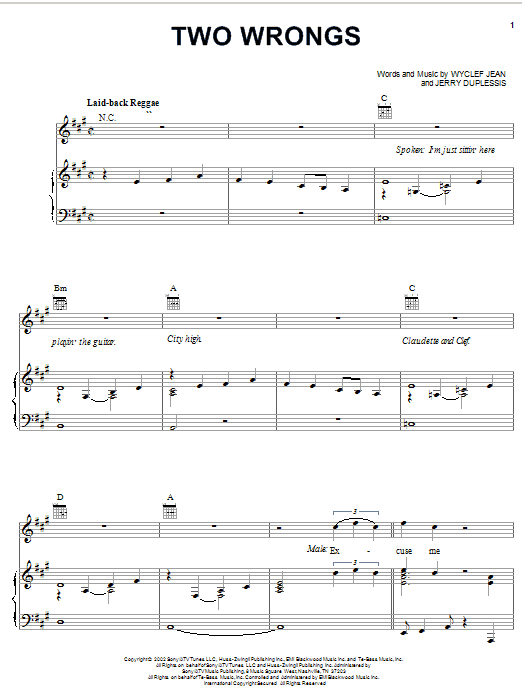 Wyclef Jean featuring Claudette Ortiz Two Wrongs sheet music notes and chords arranged for Piano, Vocal & Guitar Chords (Right-Hand Melody)