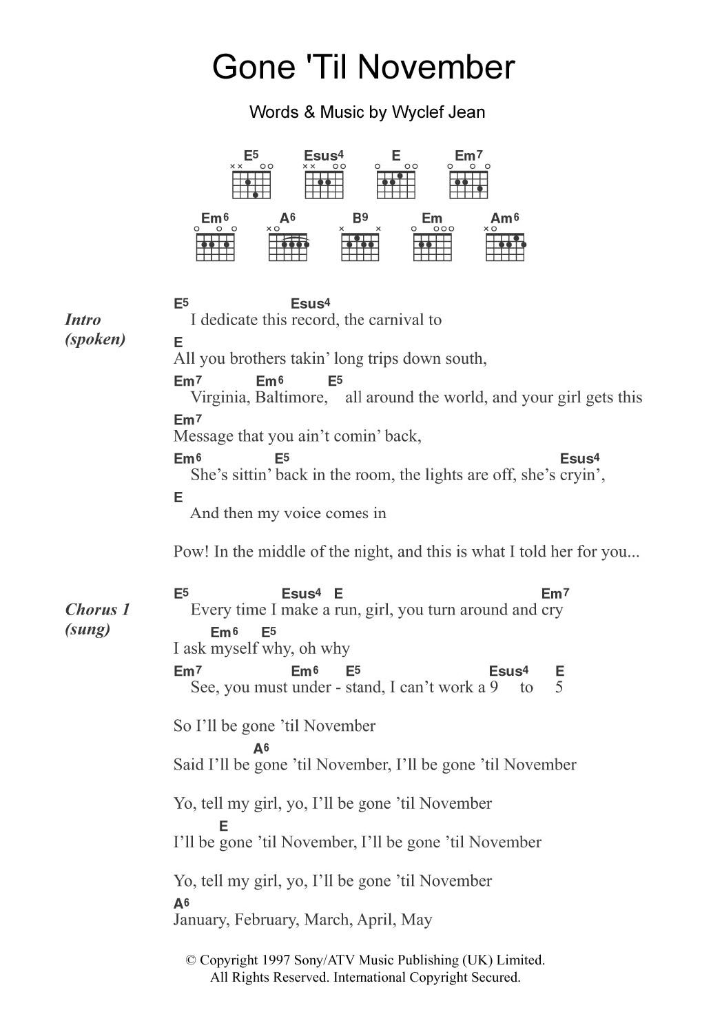 Wyclef Jean Gone 'Til November sheet music notes and chords arranged for Guitar Chords/Lyrics