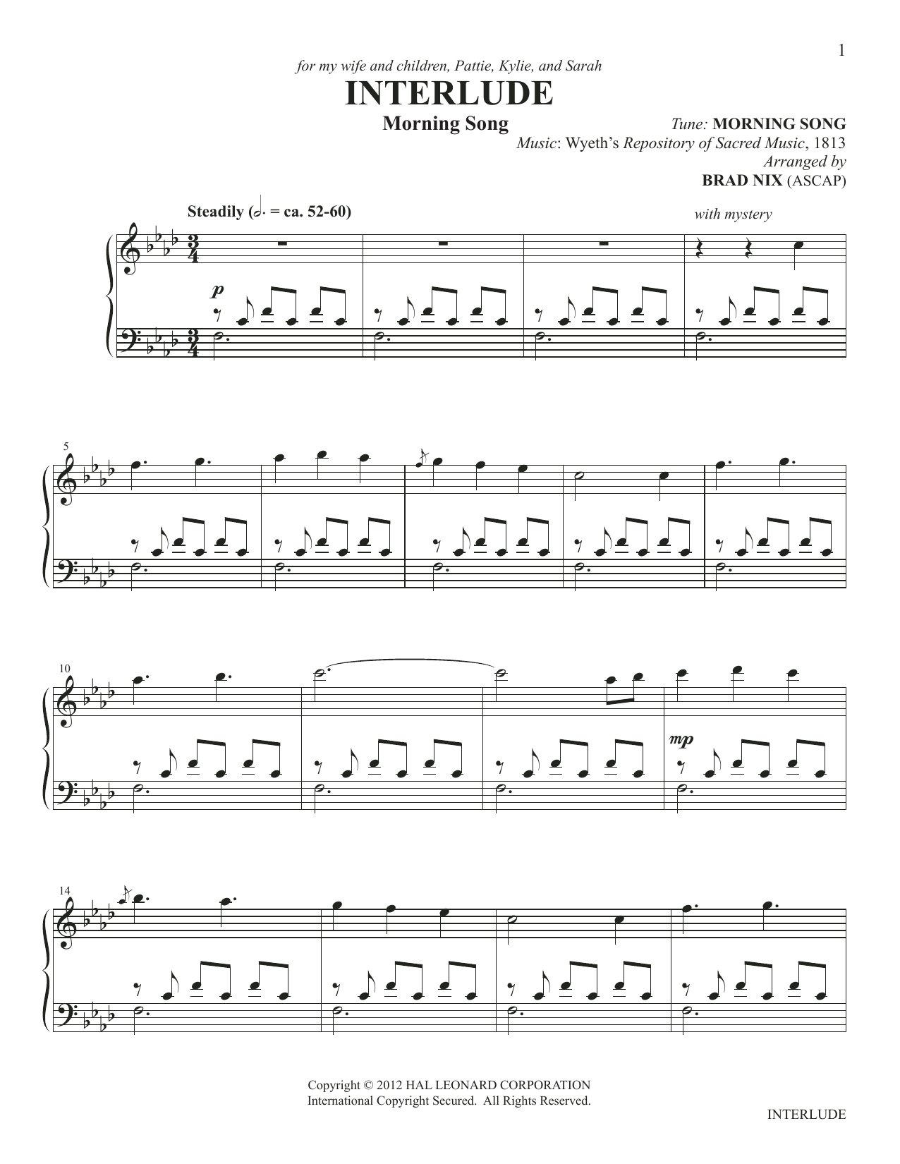 Wyeth's Repository of Sacred Interlude (arr. Brad Nix) sheet music notes and chords arranged for Piano Solo