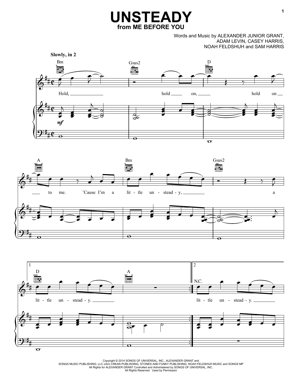 X Ambassadors Unsteady sheet music notes and chords arranged for Piano, Vocal & Guitar Chords (Right-Hand Melody)