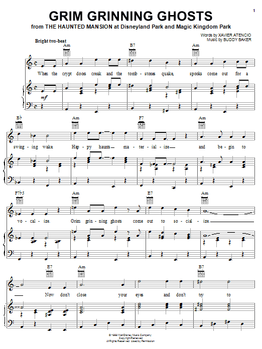 Xavier Atencio Grim Grinning Ghosts sheet music notes and chords arranged for Piano, Vocal & Guitar Chords (Right-Hand Melody)