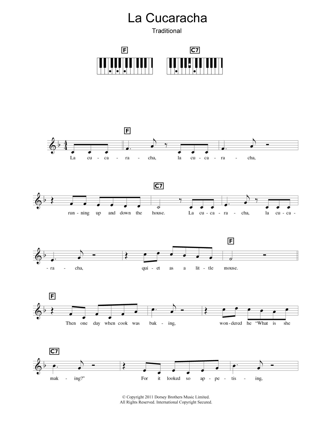 Xavier Cugat La Cucaracha (The Cockroach) sheet music notes and chords arranged for Piano Chords/Lyrics