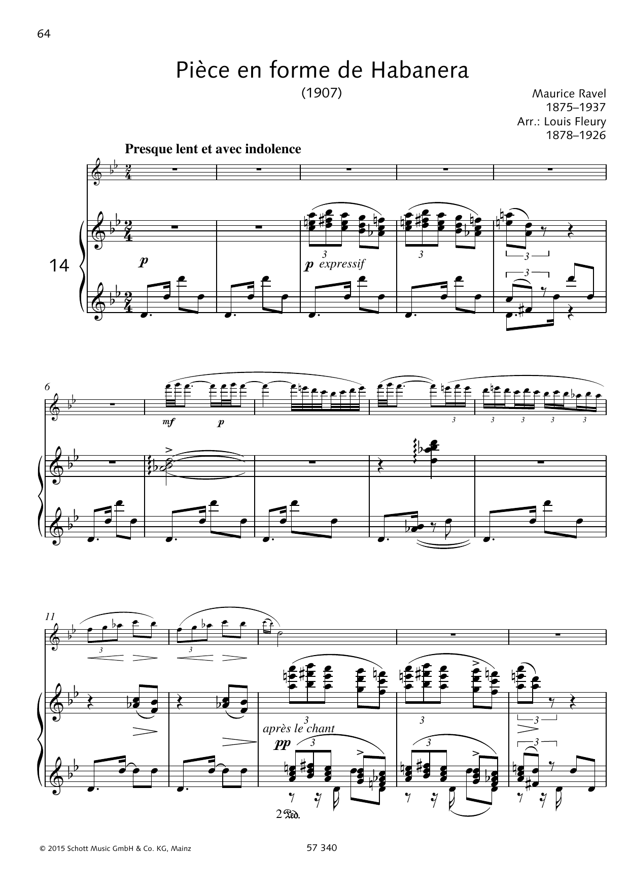 Xavier Leroux Piece En Forme De Habanera sheet music notes and chords arranged for Flute and Piano