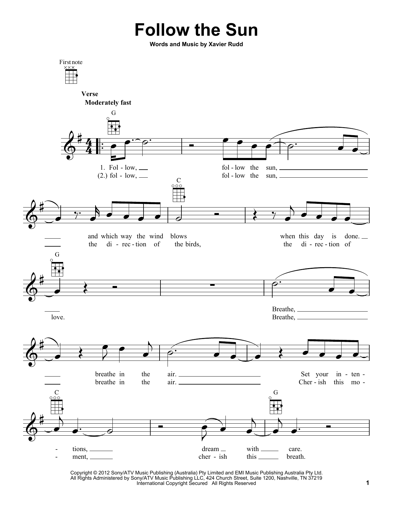 Xavier Rudd Follow The Sun sheet music notes and chords arranged for Beginner Piano