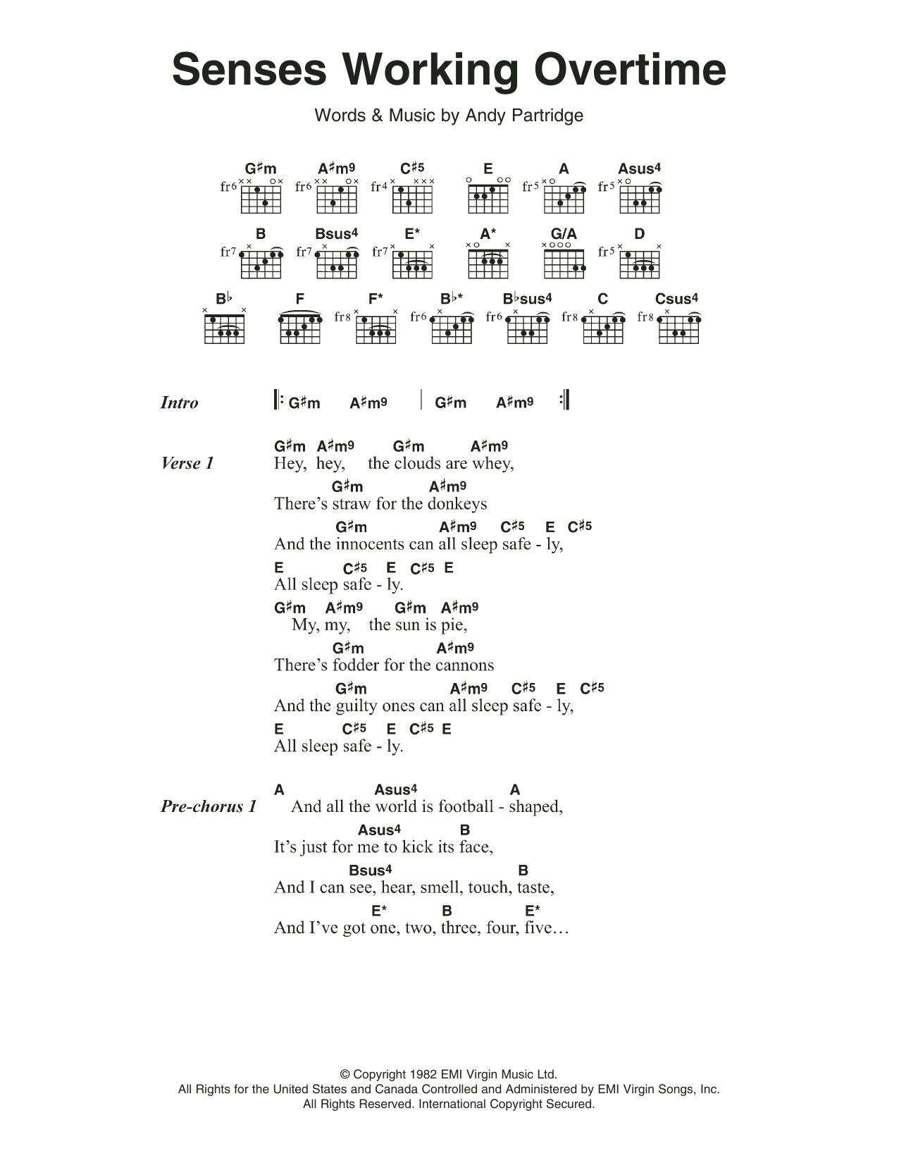 XTC Senses Working Overtime sheet music notes and chords arranged for Guitar Chords/Lyrics