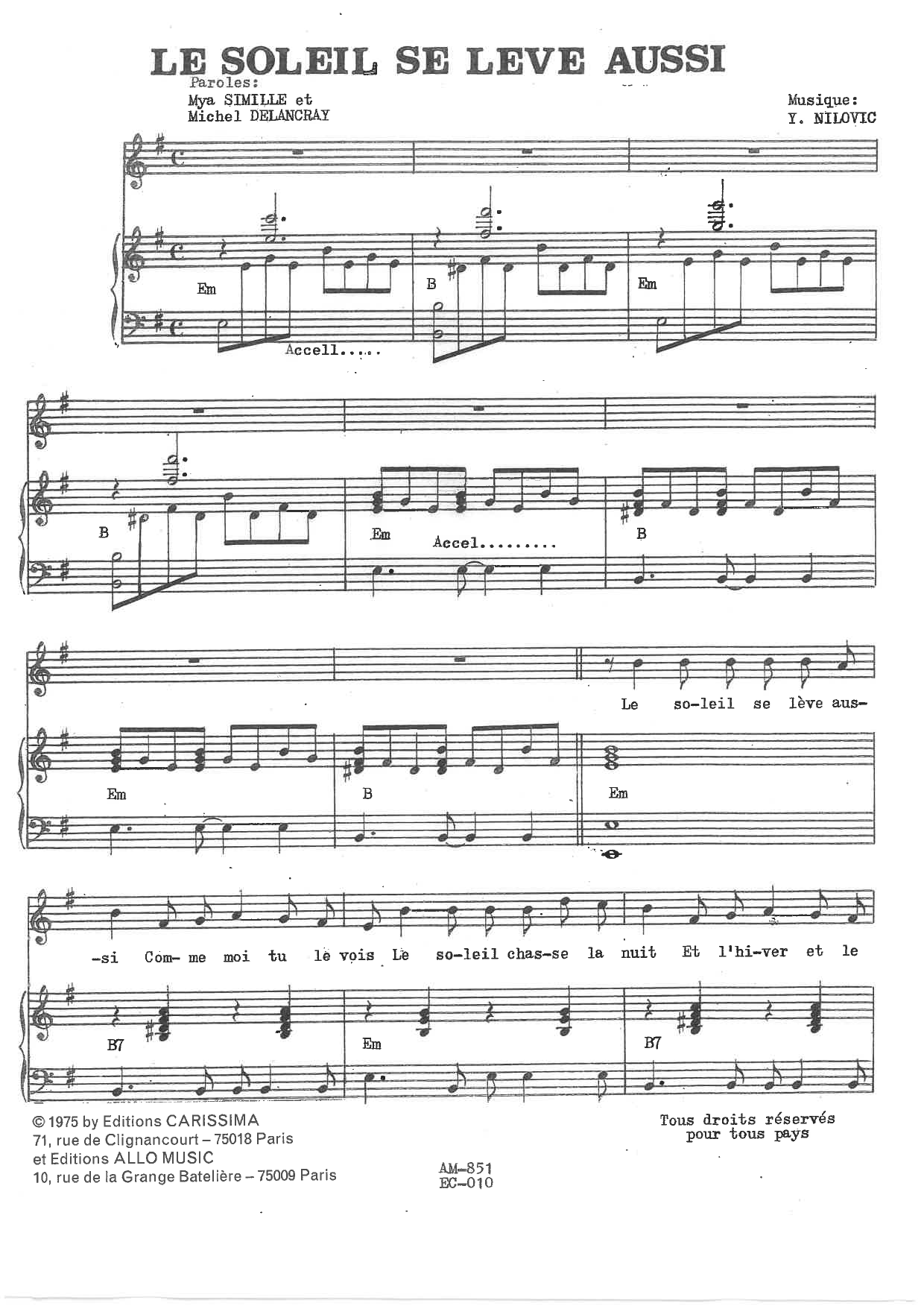 Y. Nilovic Le Soleil Se Leve Aussi sheet music notes and chords arranged for Piano & Vocal