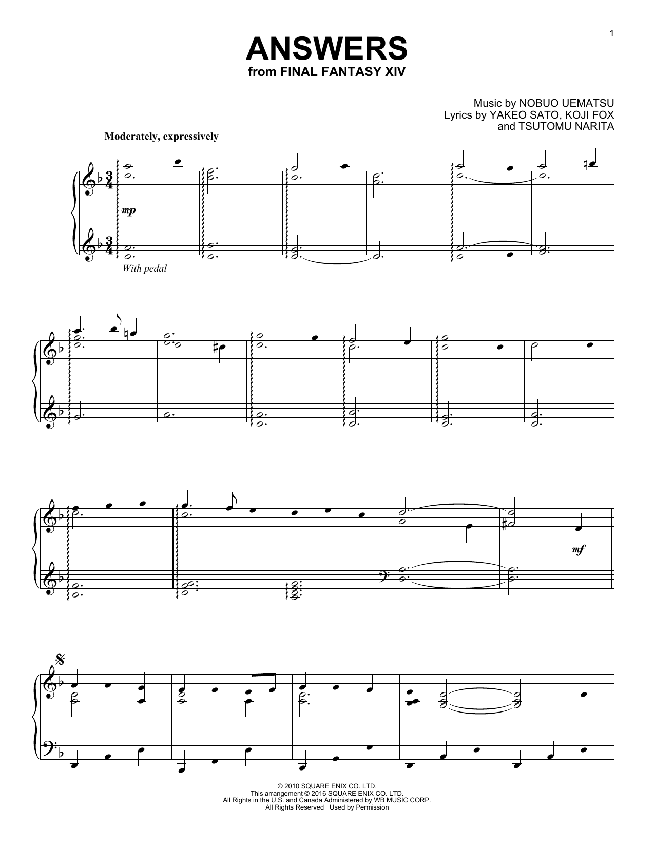Yakeo Sato Answers (from Final Fantasy XIV) sheet music notes and chords arranged for Piano Solo