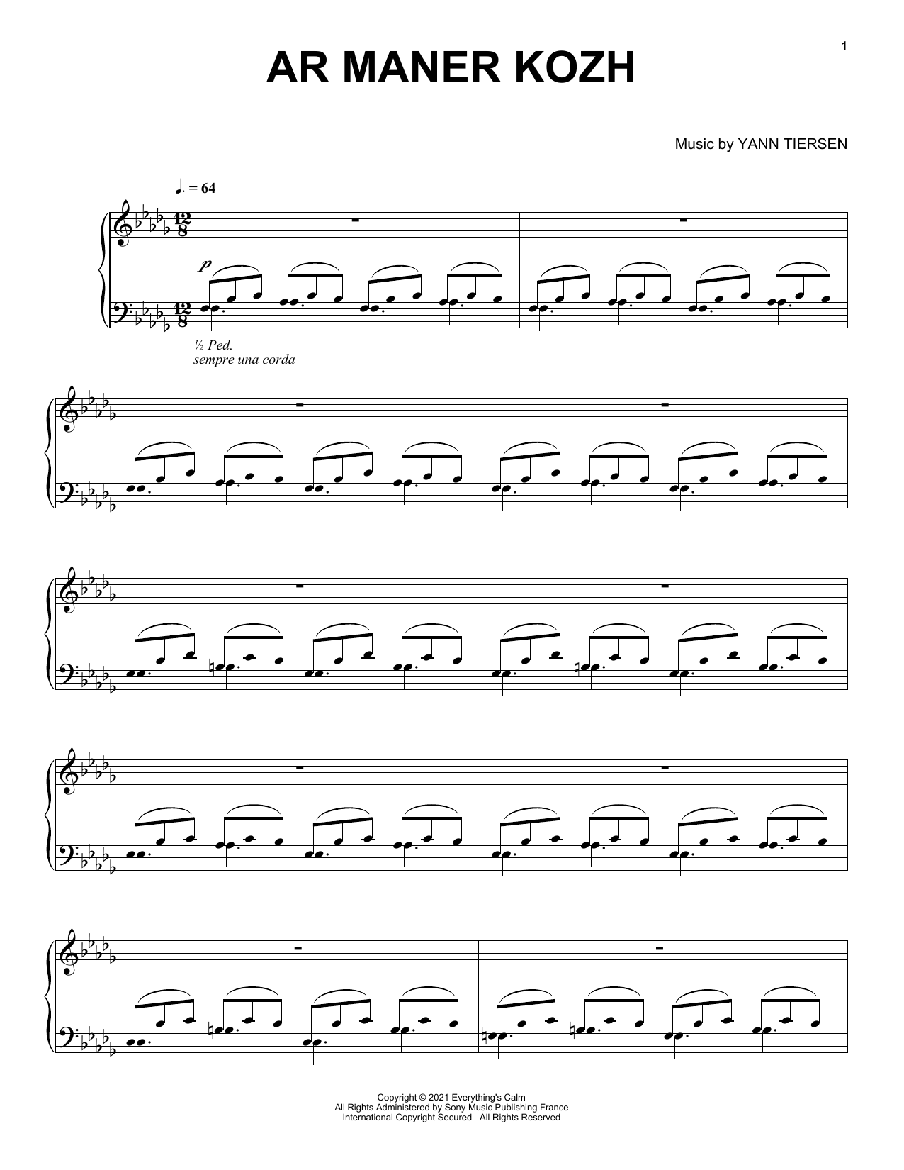 Yann Tiersen Ar Maner Kozh sheet music notes and chords arranged for Piano Solo