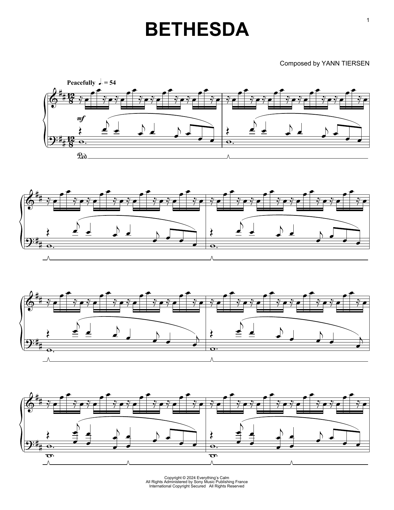 Yann Tiersen Bethesda sheet music notes and chords arranged for Piano Solo