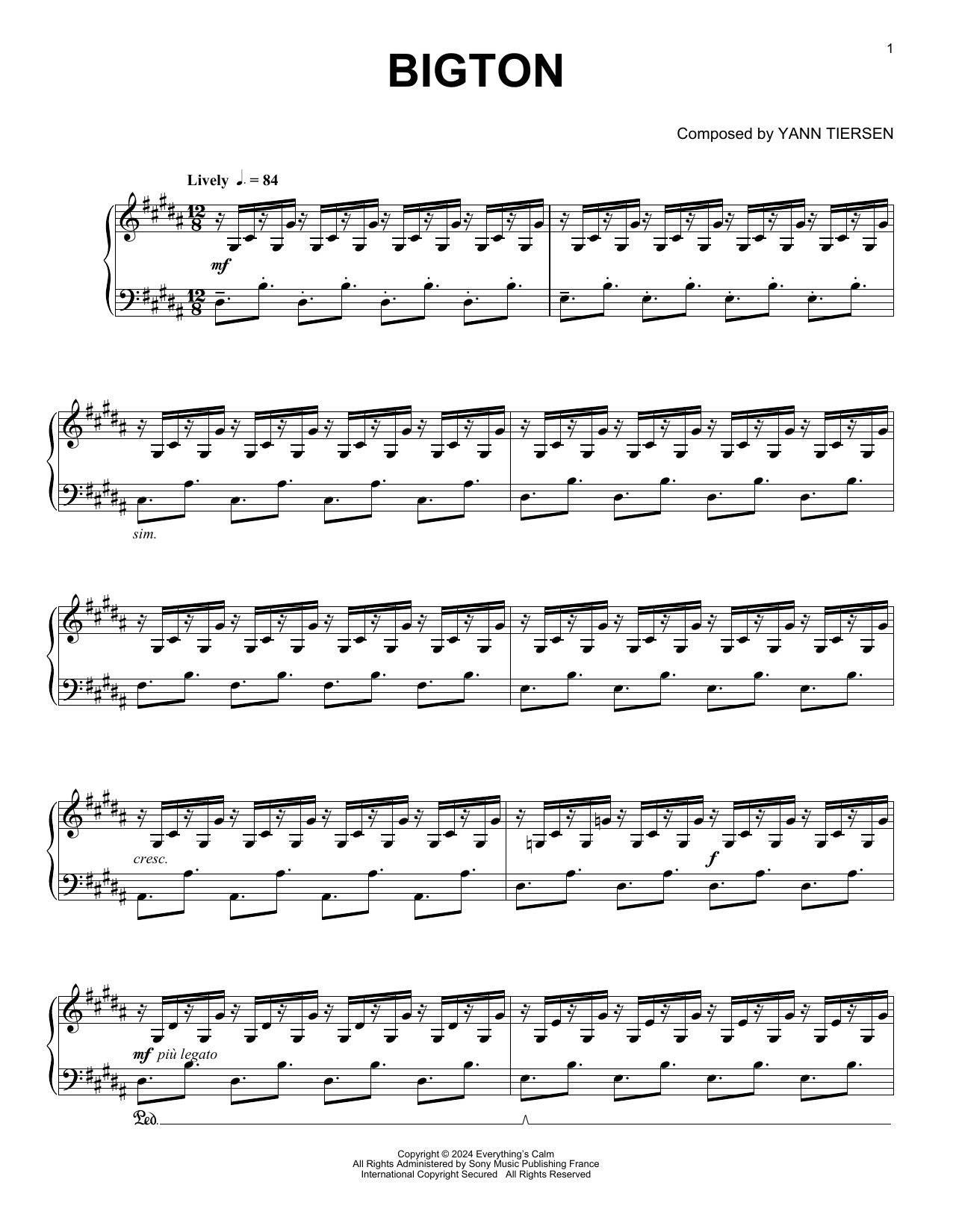 Yann Tiersen Bigton sheet music notes and chords arranged for Piano Solo