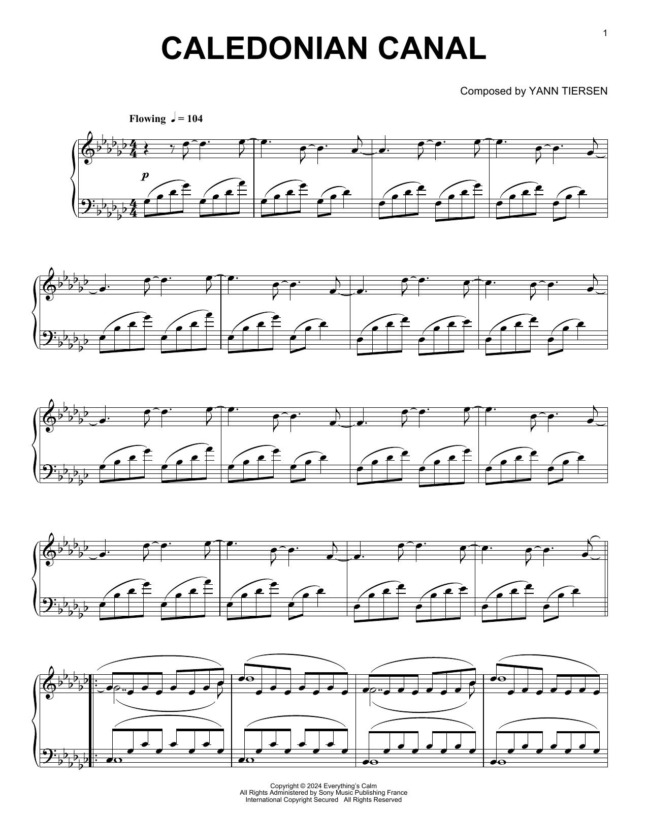 Yann Tiersen Caledonian Canal sheet music notes and chords arranged for Piano Solo
