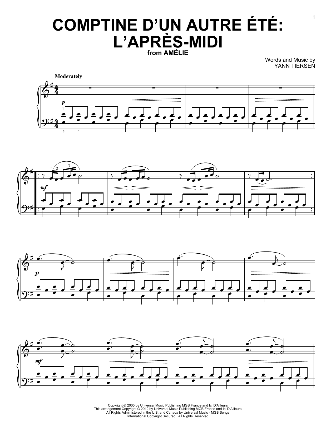 Yann Tiersen Comptine D'Un Autre Ete sheet music notes and chords arranged for Piano Solo