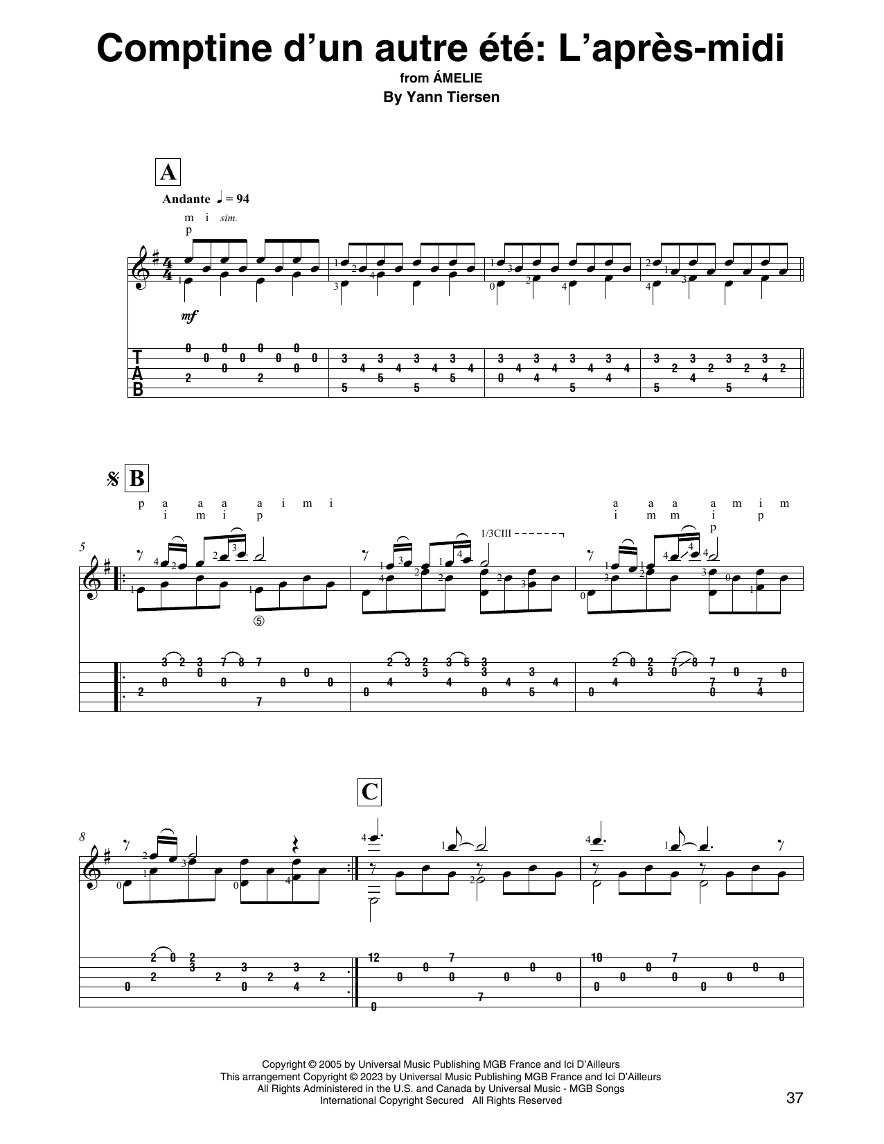 Yann Tiersen Comptine d'un autre été: L'après-midi (from Amelie) sheet music notes and chords arranged for Solo Guitar