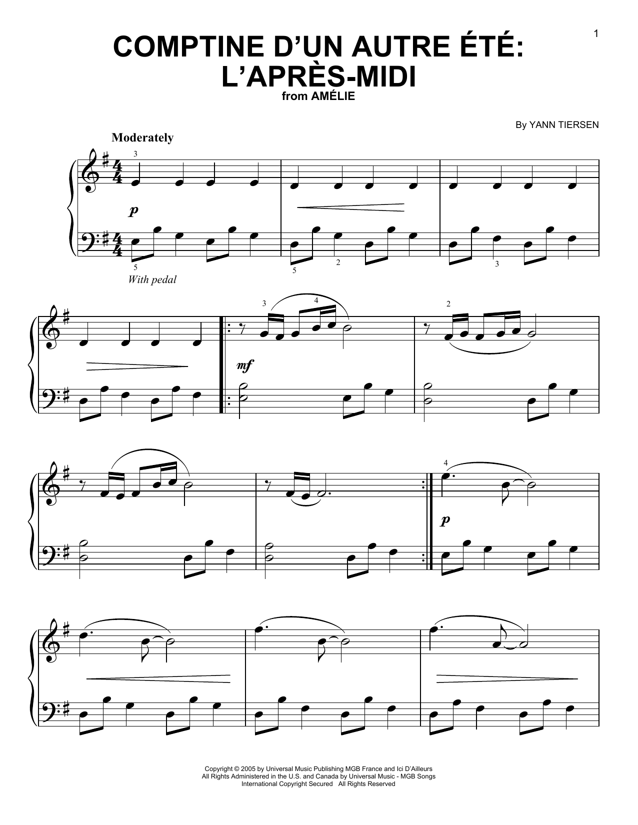 Yann Tiersen Comptine d'un autre été: L'après-midi sheet music notes and chords arranged for Easy Piano