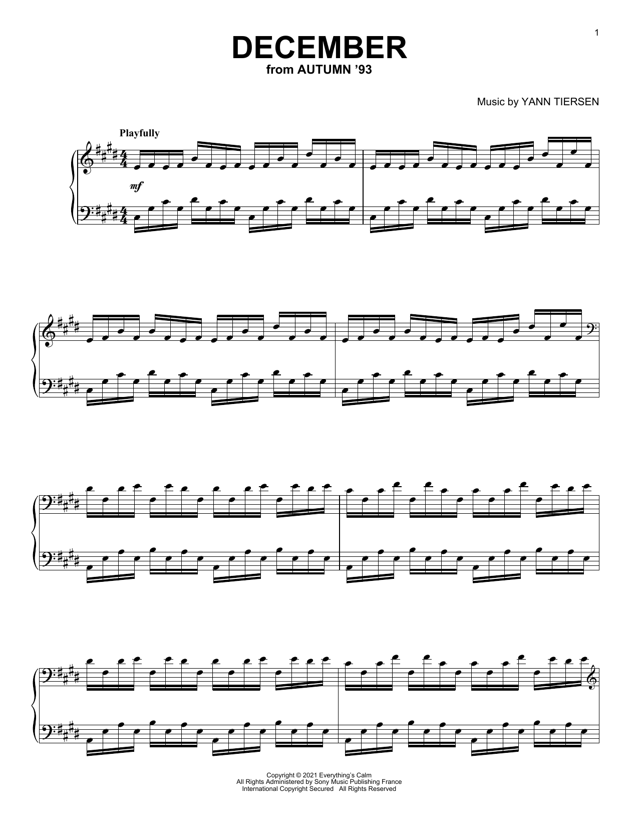 Yann Tiersen December sheet music notes and chords arranged for Piano Solo