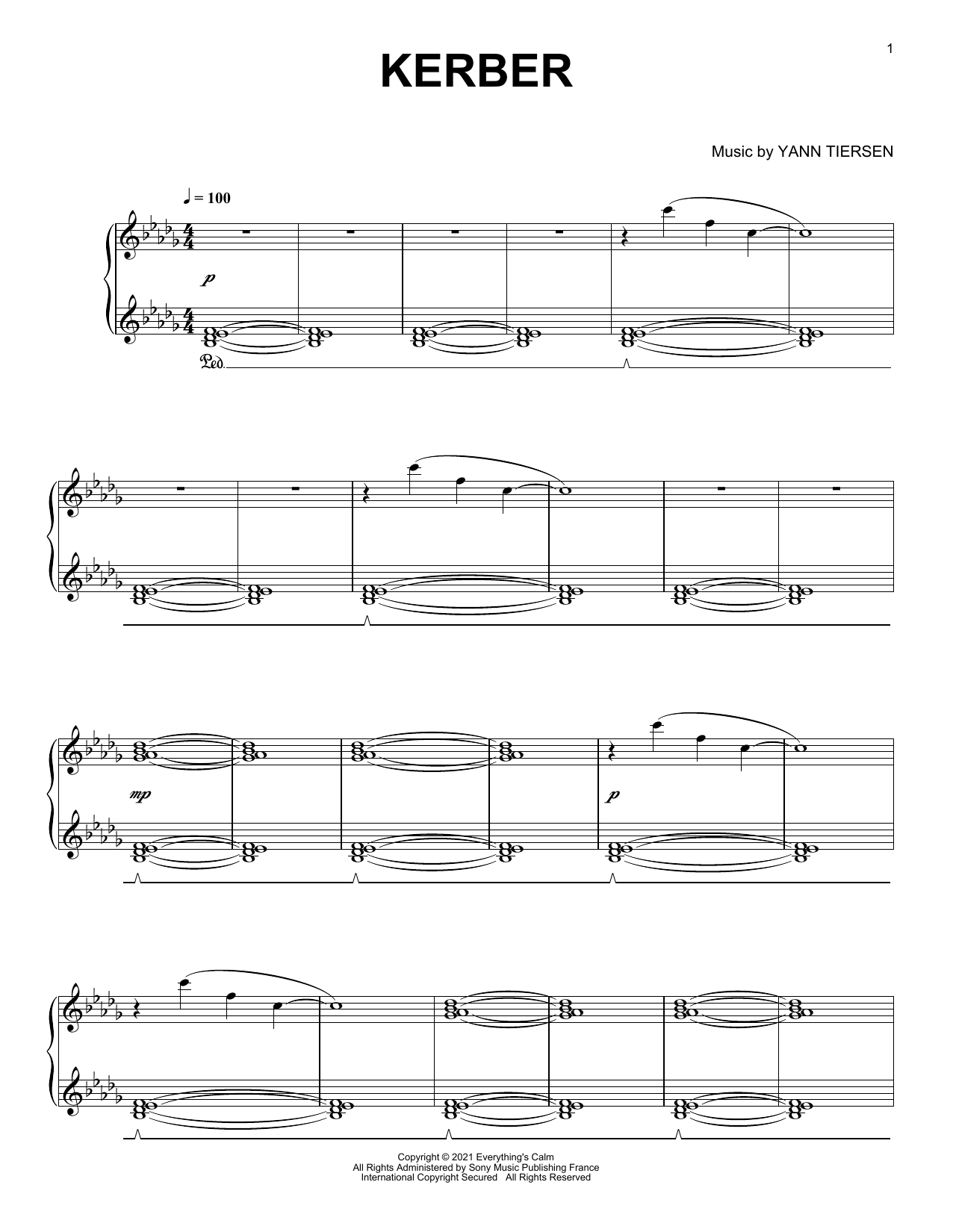 Yann Tiersen Kerber sheet music notes and chords arranged for Piano Solo