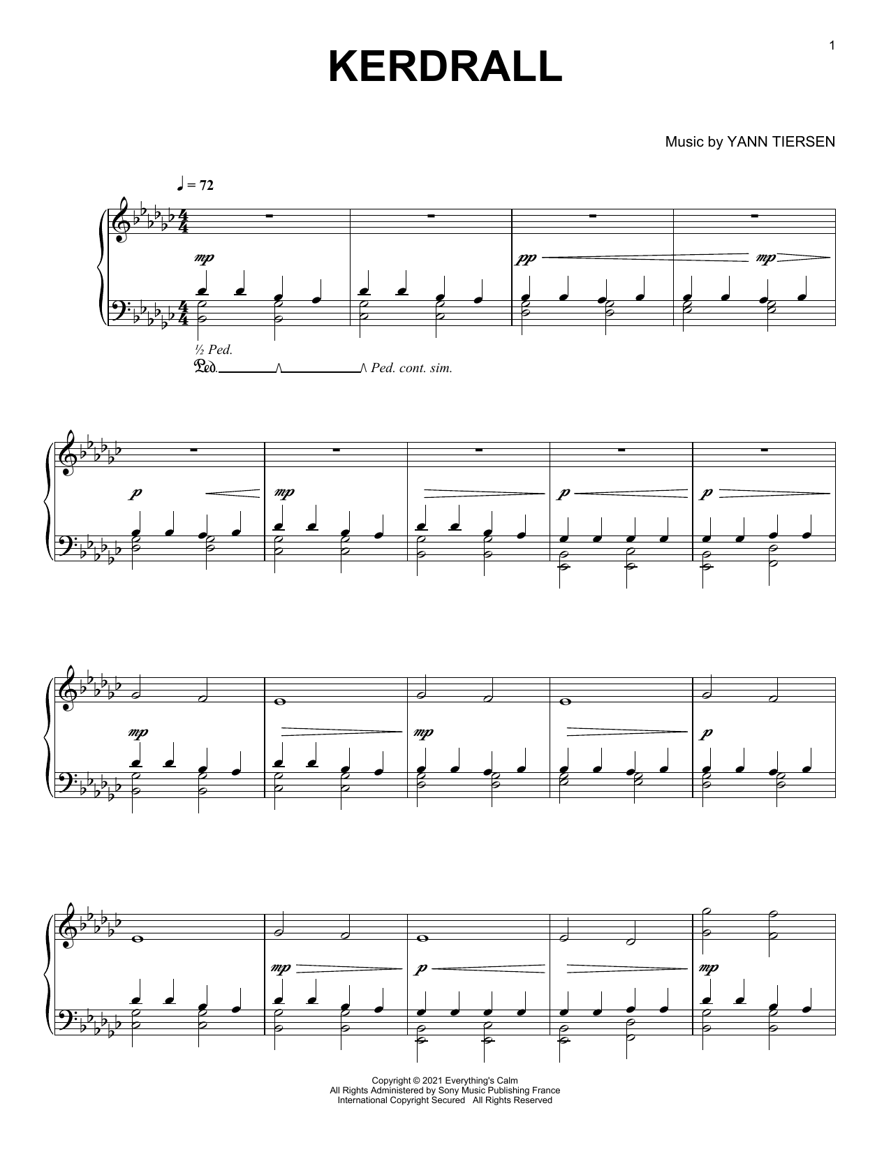 Yann Tiersen Kerdrall sheet music notes and chords arranged for Piano Solo