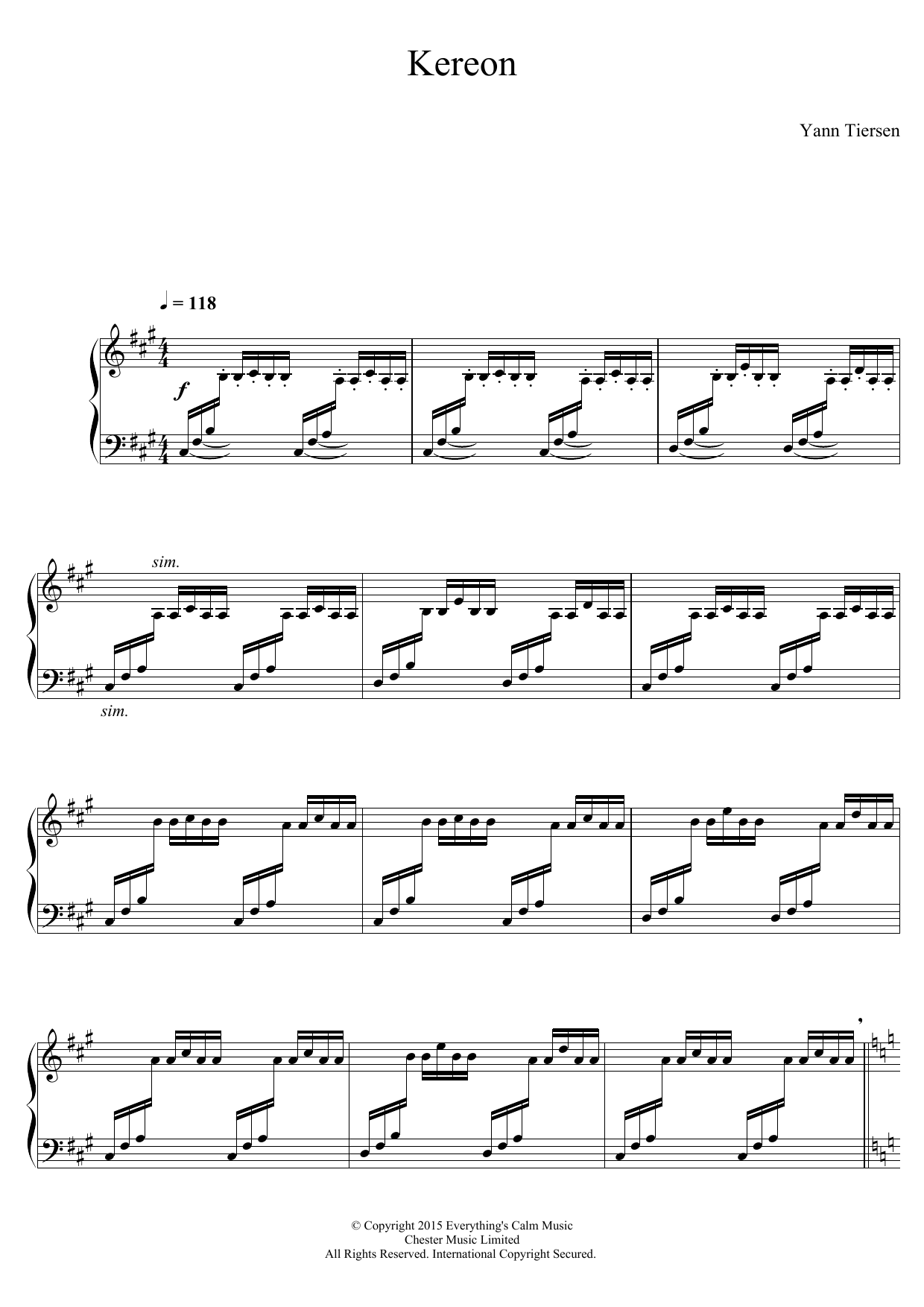 Yann Tiersen Kereon sheet music notes and chords arranged for Piano Solo