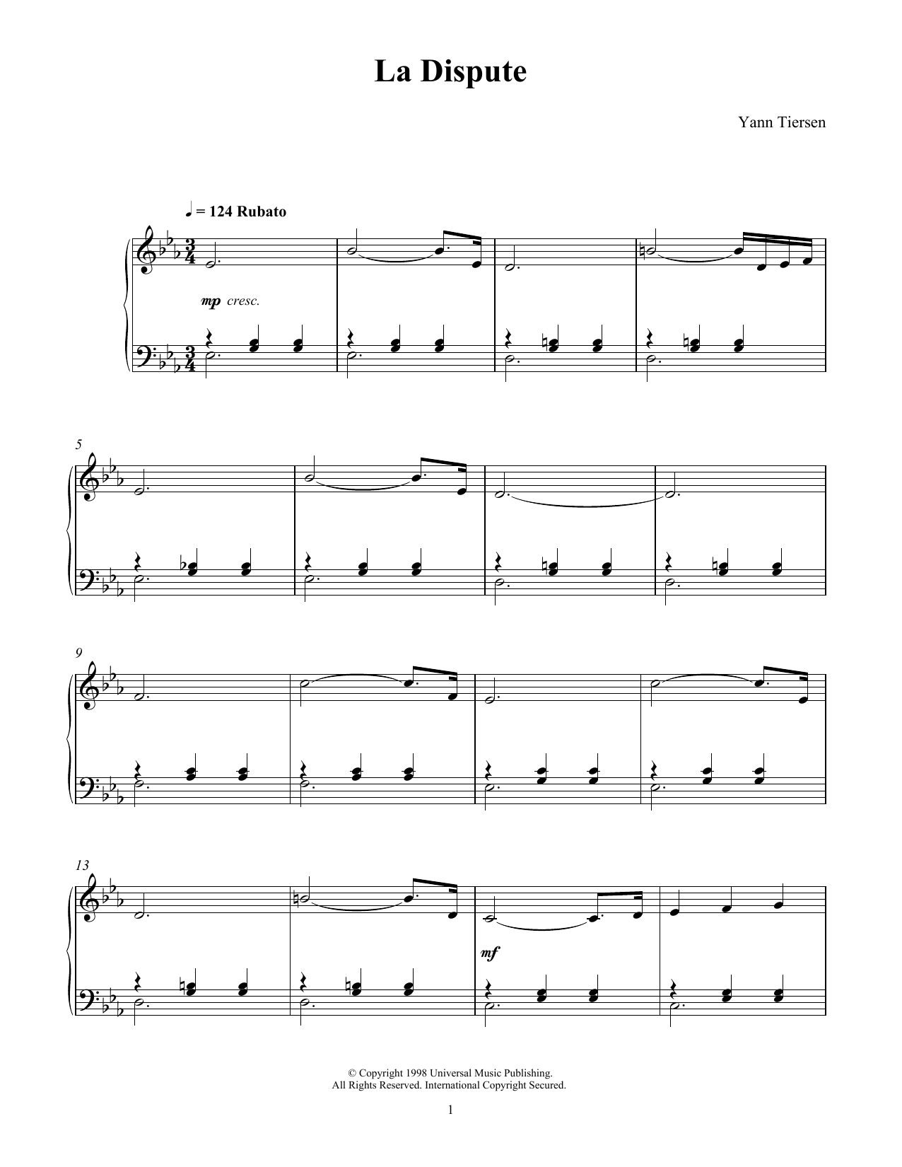 Yann Tiersen La Dispute sheet music notes and chords arranged for Piano Solo