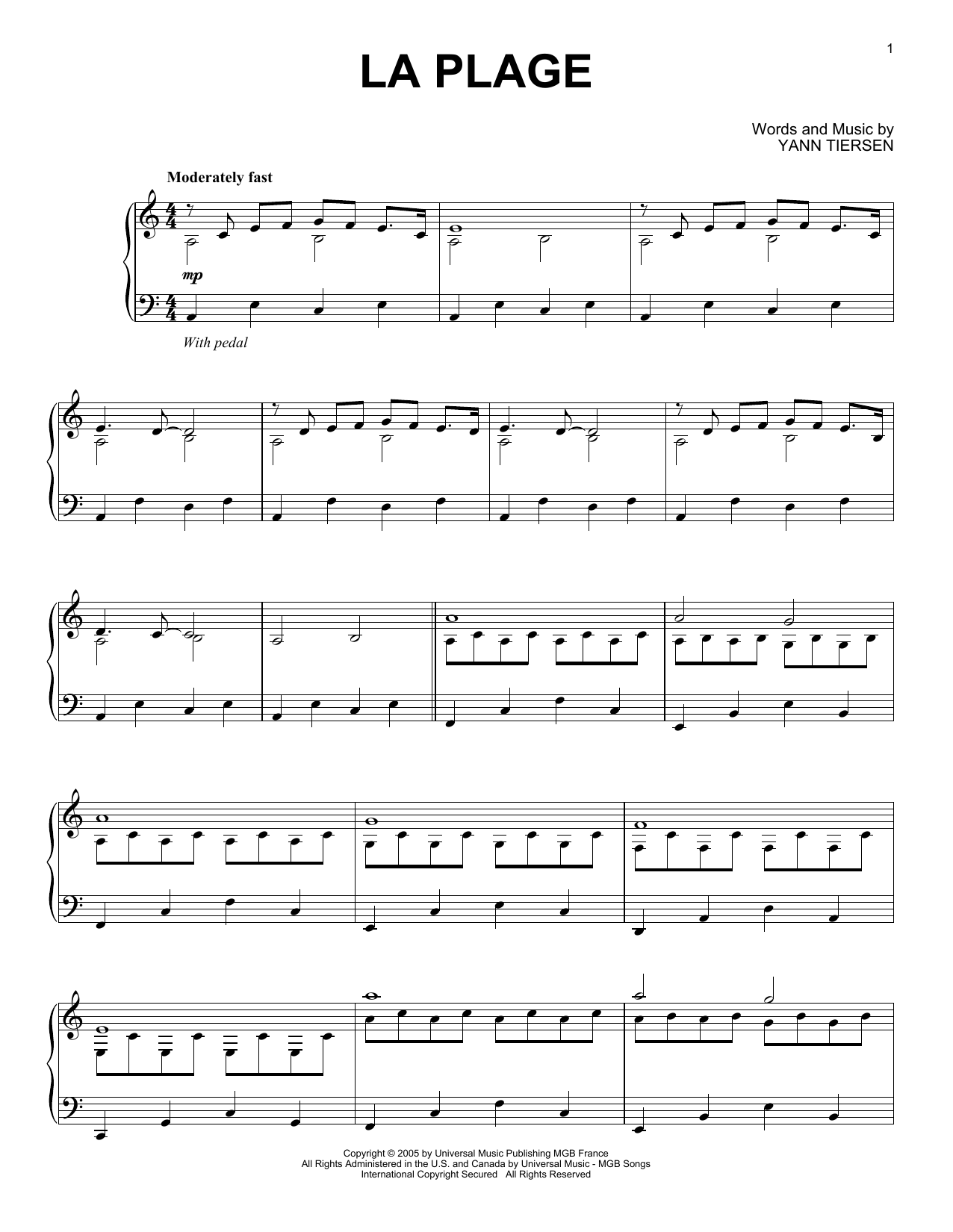 Yann Tiersen La Plage sheet music notes and chords arranged for Piano Solo