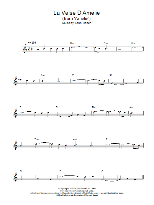 Yann Tiersen La Valse D'Amelie sheet music notes and chords arranged for Piano Solo