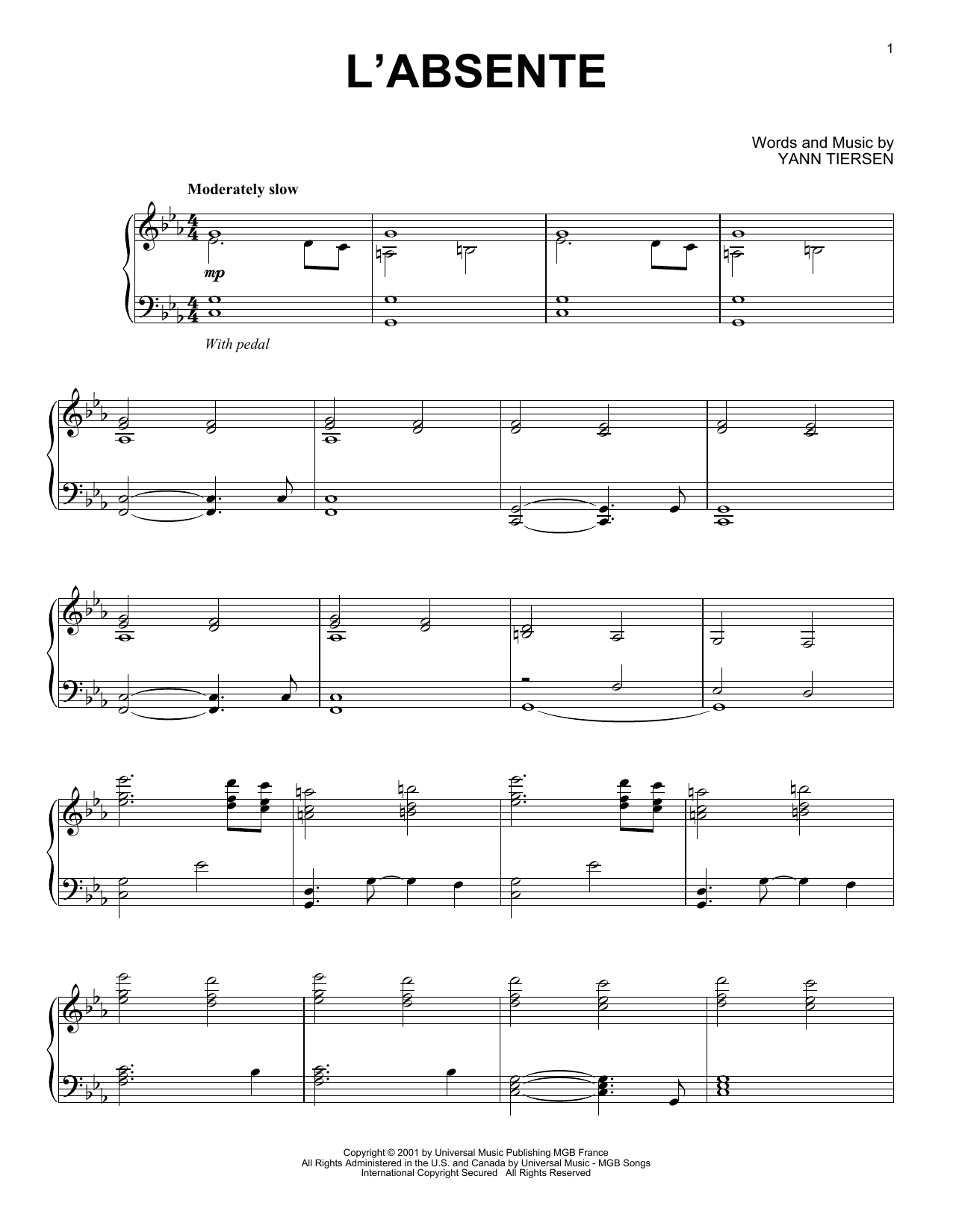 Yann Tiersen L'Absente sheet music notes and chords arranged for Piano Solo