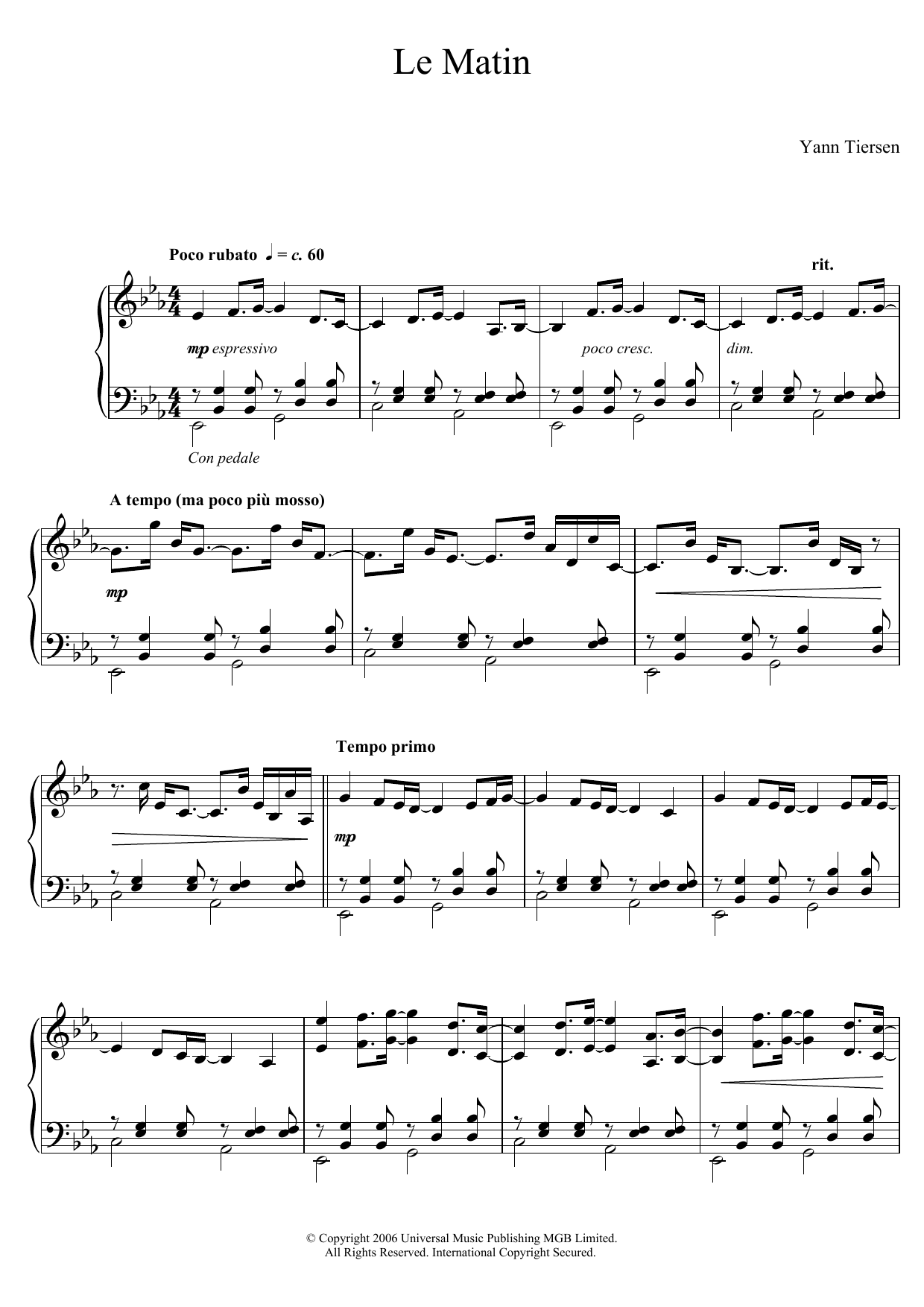 Yann Tiersen Le Matin sheet music notes and chords arranged for Piano Solo