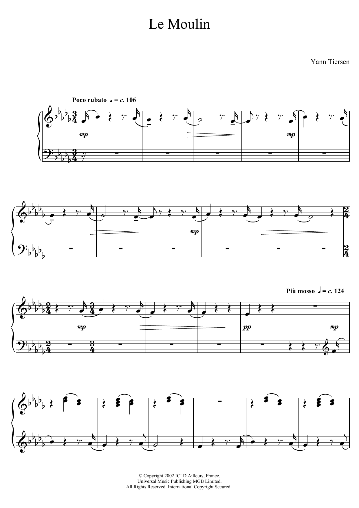 Yann Tiersen Le Moulin sheet music notes and chords arranged for Piano Solo