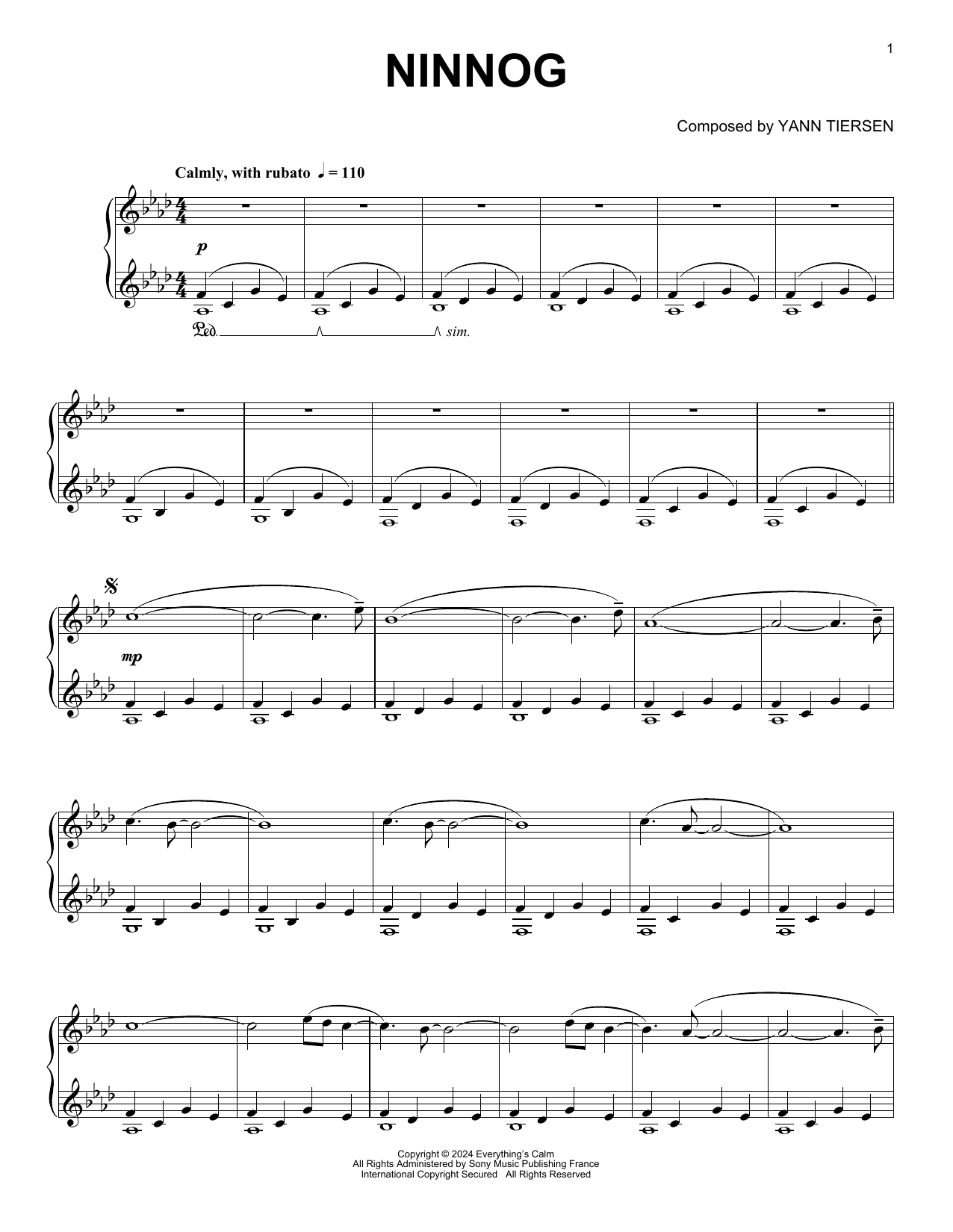 Yann Tiersen Ninnog sheet music notes and chords arranged for Piano Solo