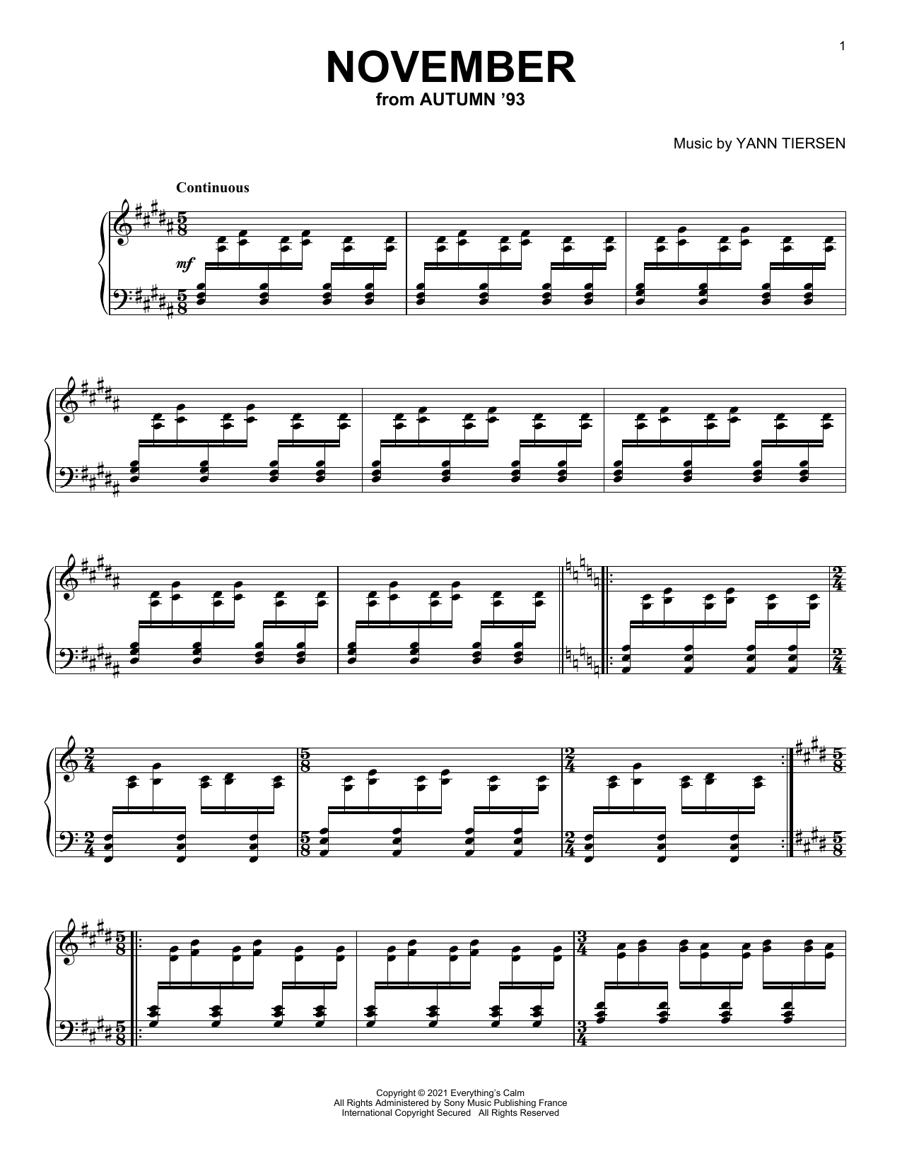 Yann Tiersen November sheet music notes and chords arranged for Piano Solo