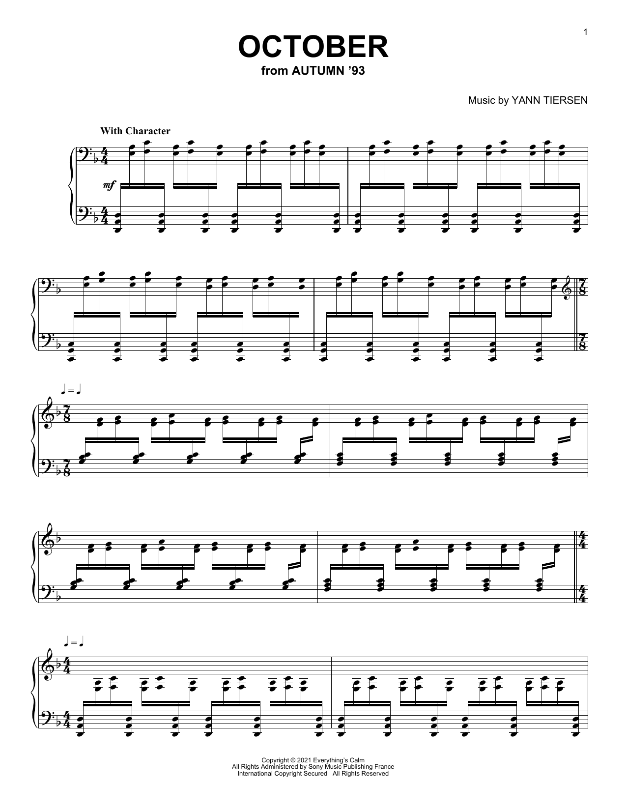 Yann Tiersen October sheet music notes and chords arranged for Piano Solo
