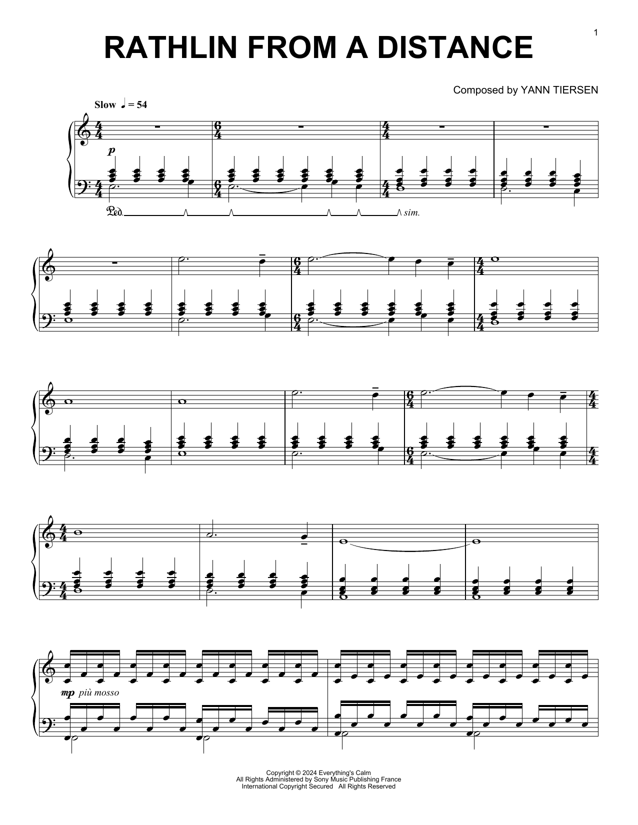 Yann Tiersen Rathlin From A Distance sheet music notes and chords arranged for Piano Solo