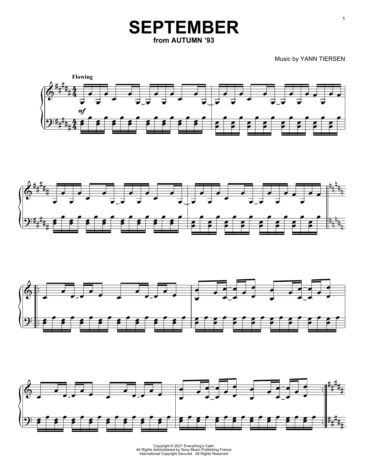 Yann Tiersen September sheet music notes and chords arranged for Piano Solo