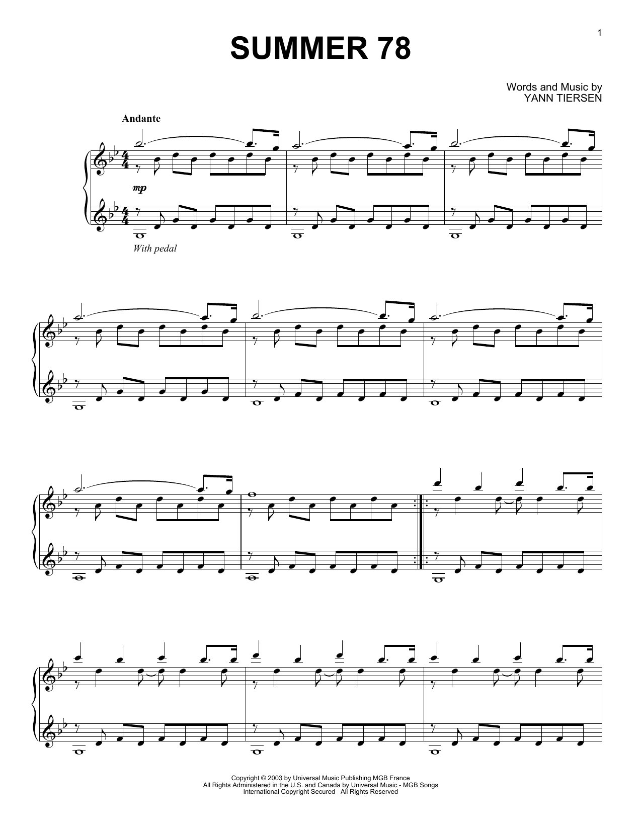 Yann Tiersen Summer 78 sheet music notes and chords arranged for Piano Solo